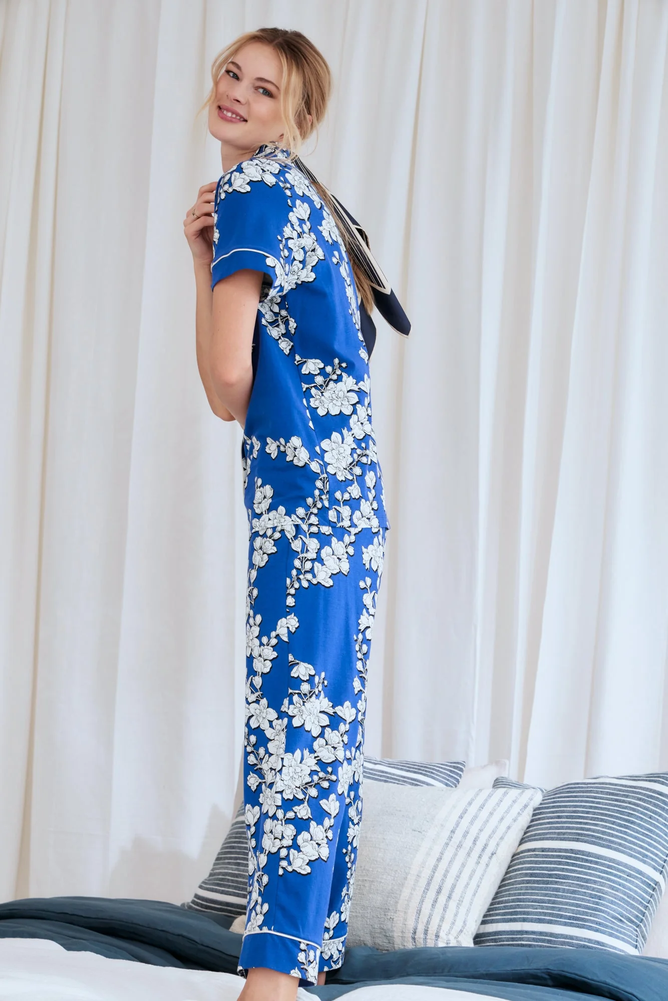 Navy Shadow Blossom Short Sleeve Cropped Stretch Jersey PJ Set - Image 3