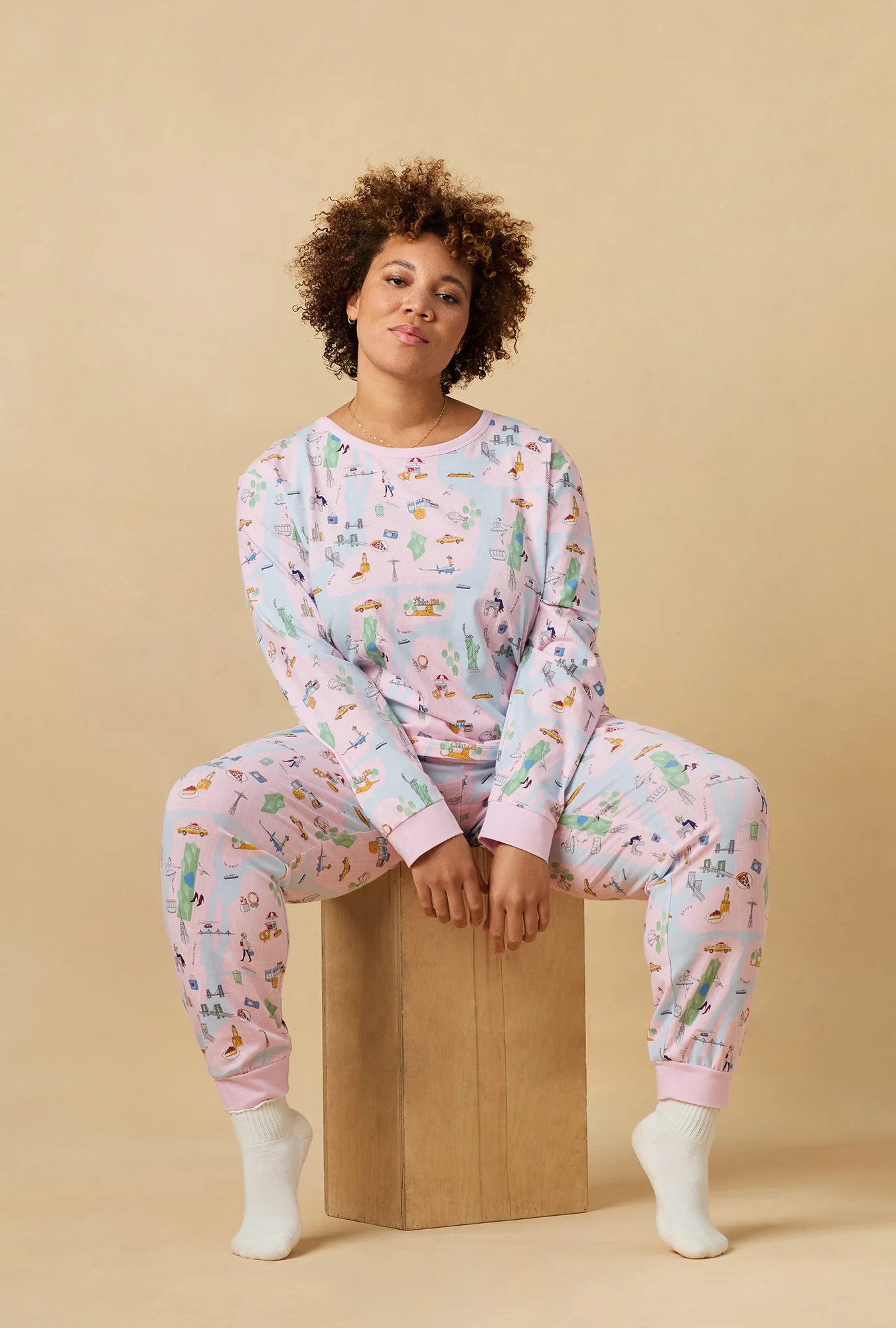 New York, New York Long Sleeve Pullover Crew And Jogger Stretch Jersey Pj Set