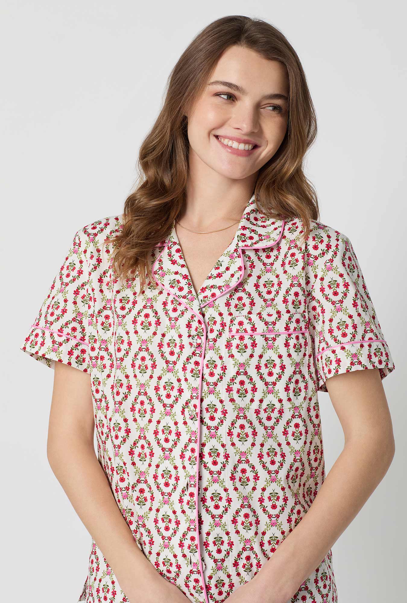 Olivia Short Sleeve Classic Woven Cotton Poplin Cropped Pj Set