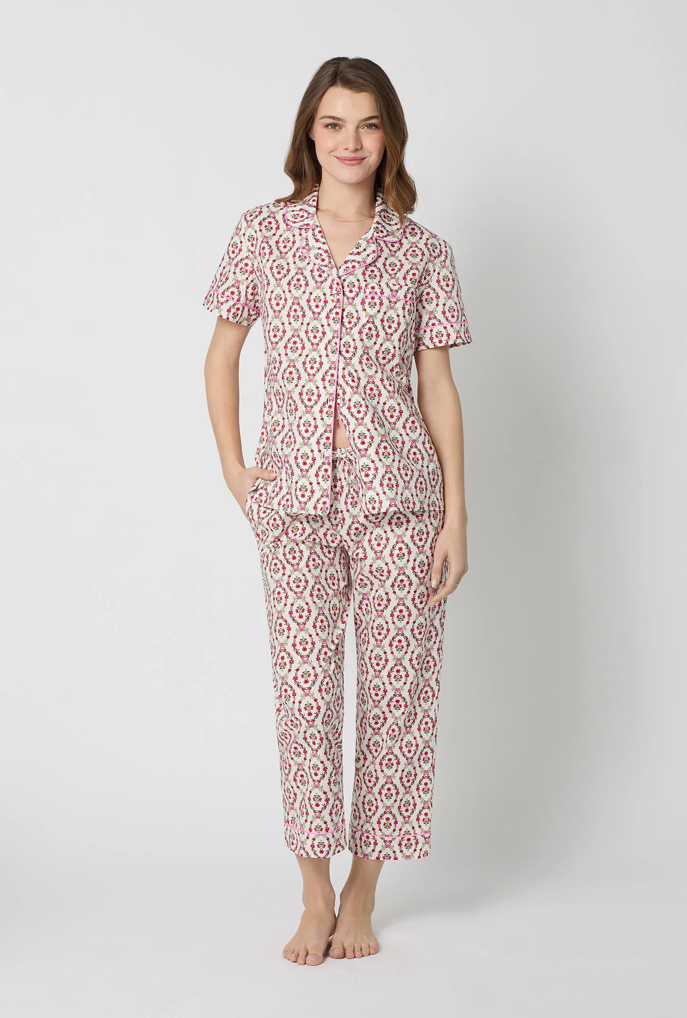 Olivia Short Sleeve Classic Woven Cotton Poplin Cropped Pj Set - Image 2
