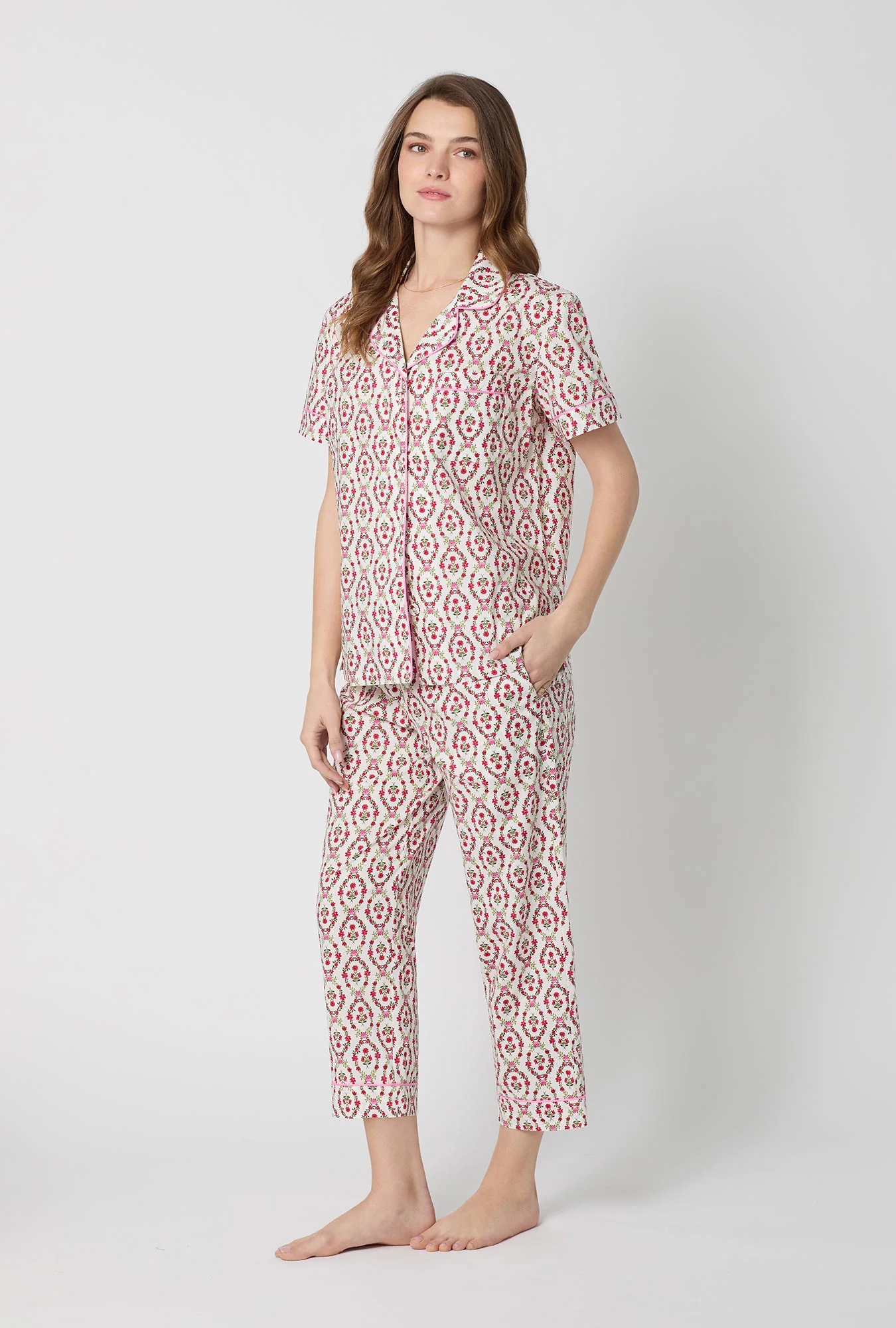 Olivia Short Sleeve Classic Woven Cotton Poplin Cropped Pj Set - Image 3
