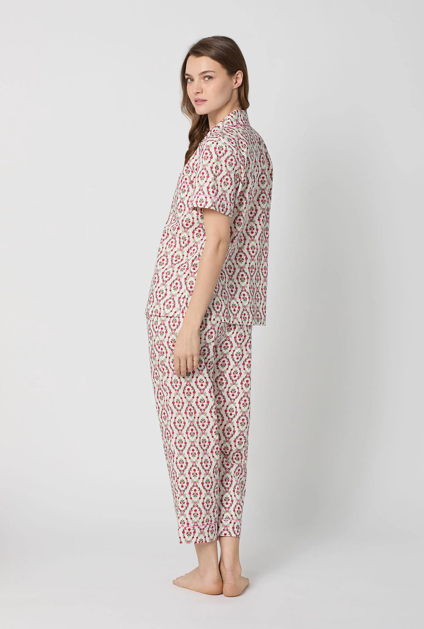 Olivia Short Sleeve Classic Woven Cotton Poplin Cropped Pj Set - Image 4