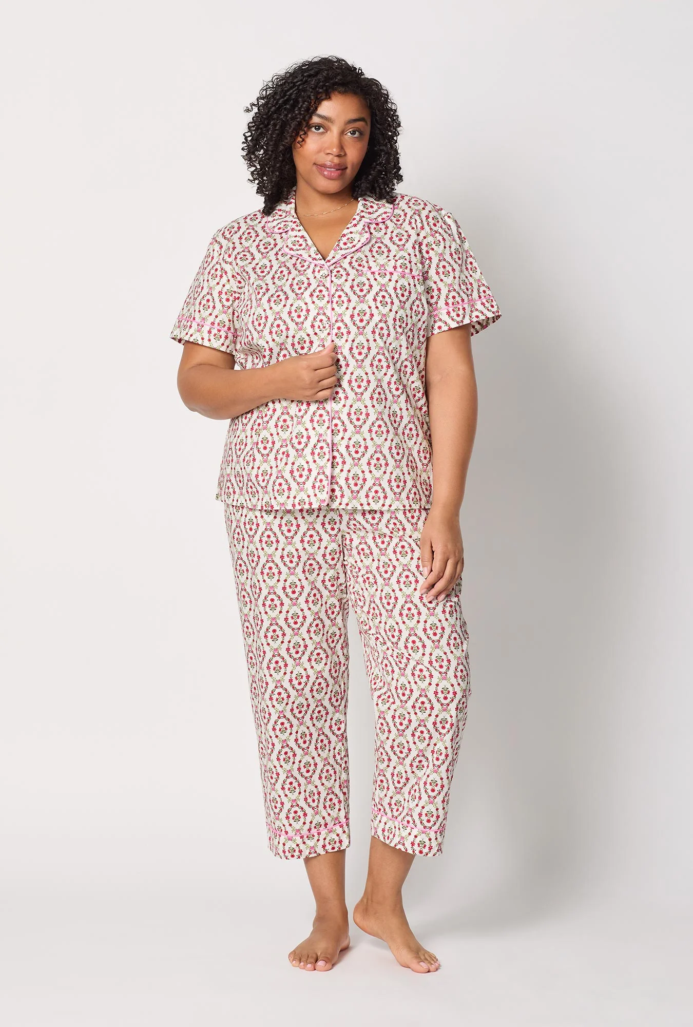 Olivia Short Sleeve Classic Woven Cotton Poplin Cropped Pj Set - Image 5
