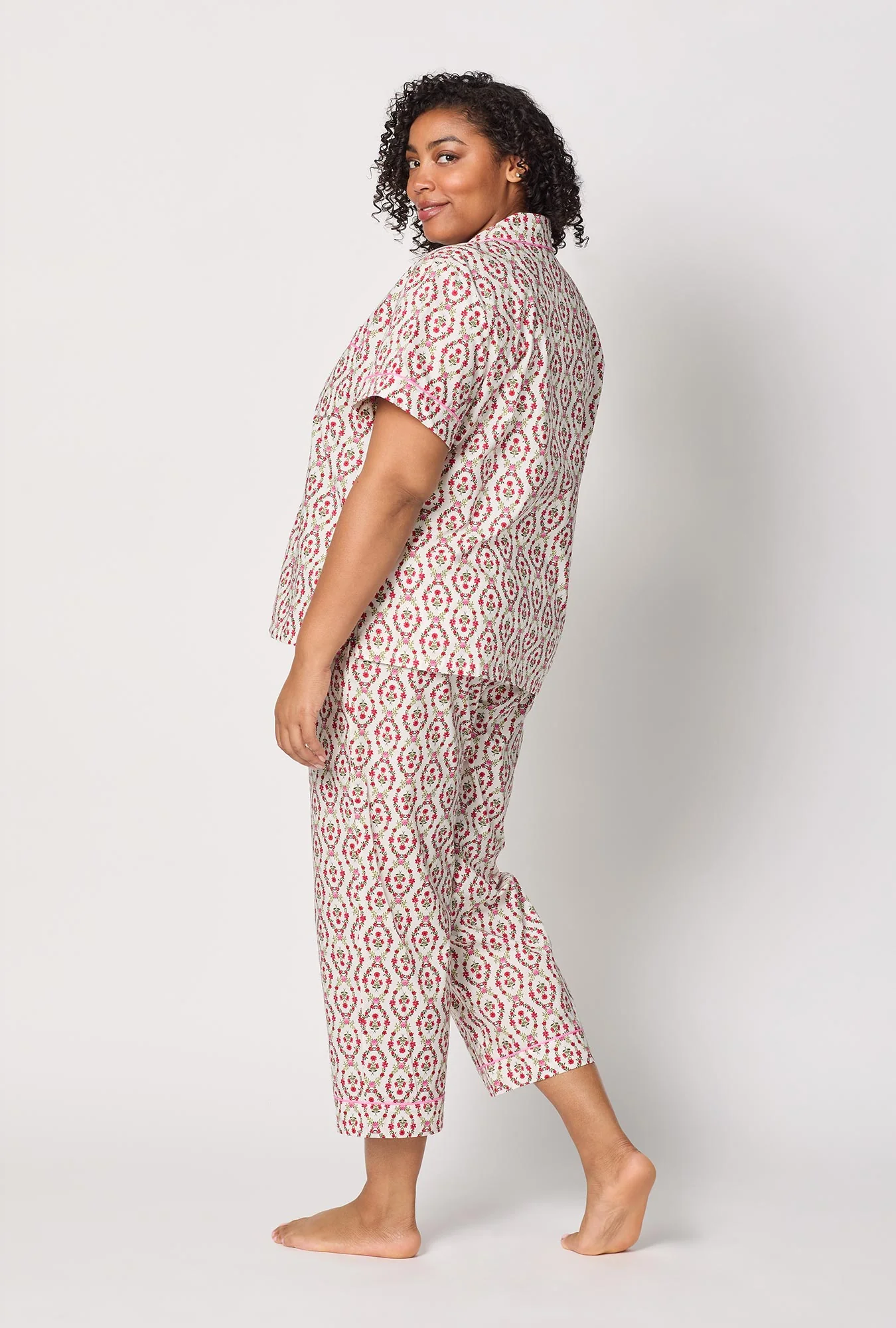 Olivia Short Sleeve Classic Woven Cotton Poplin Cropped Pj Set - Image 6