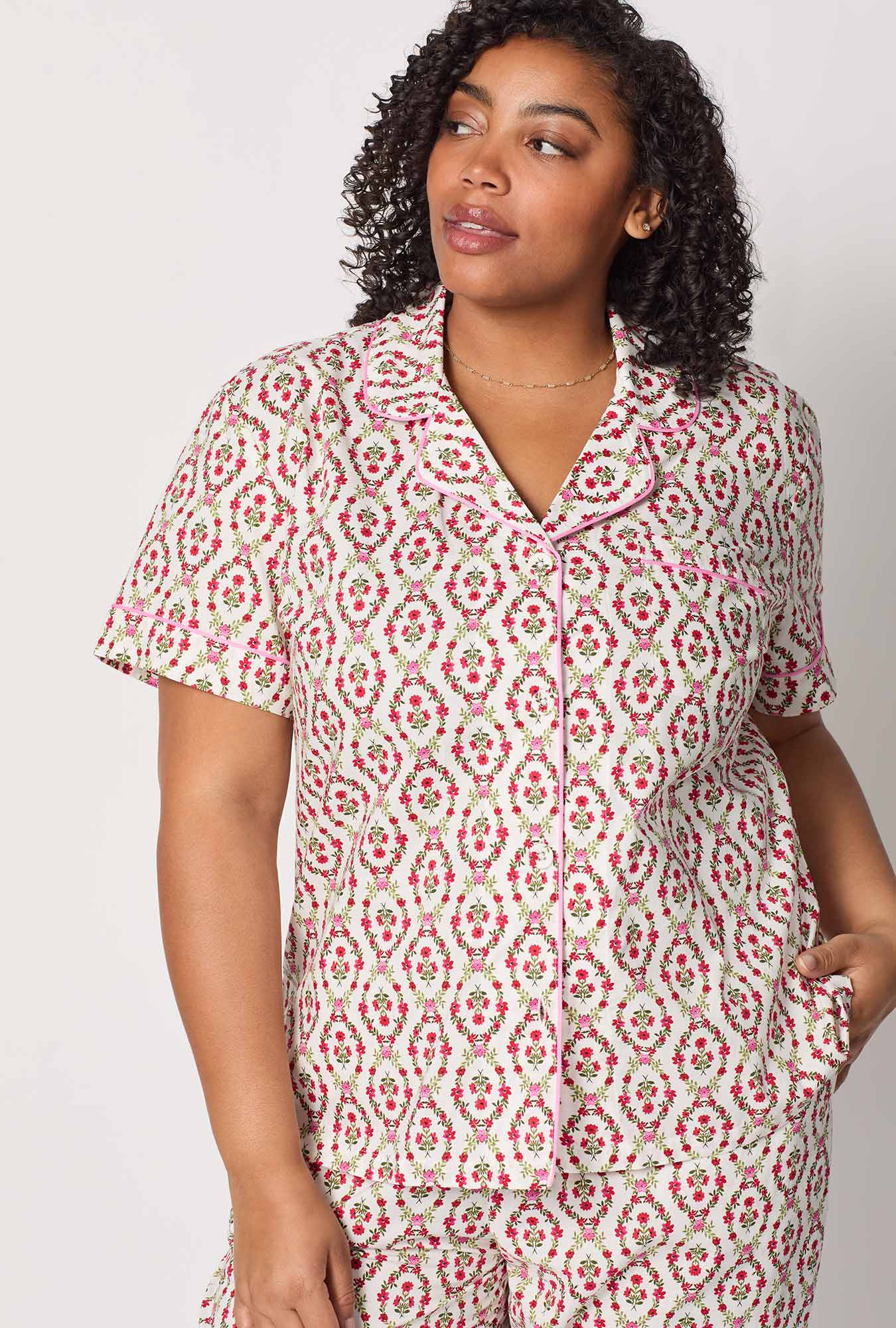 Olivia Short Sleeve Classic Woven Cotton Poplin Cropped Pj Set - Image 7