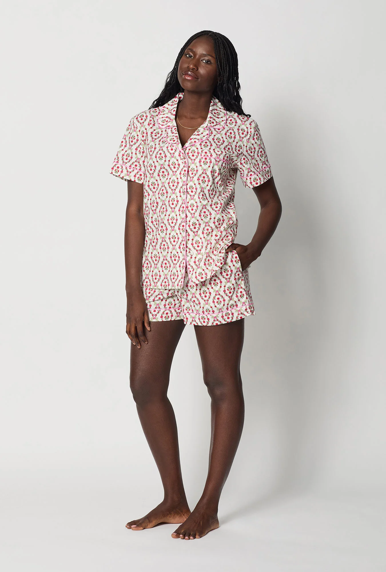 Olivia Short Sleeve Classic Woven Cotton Poplin Shorty Pj Set - Image 3