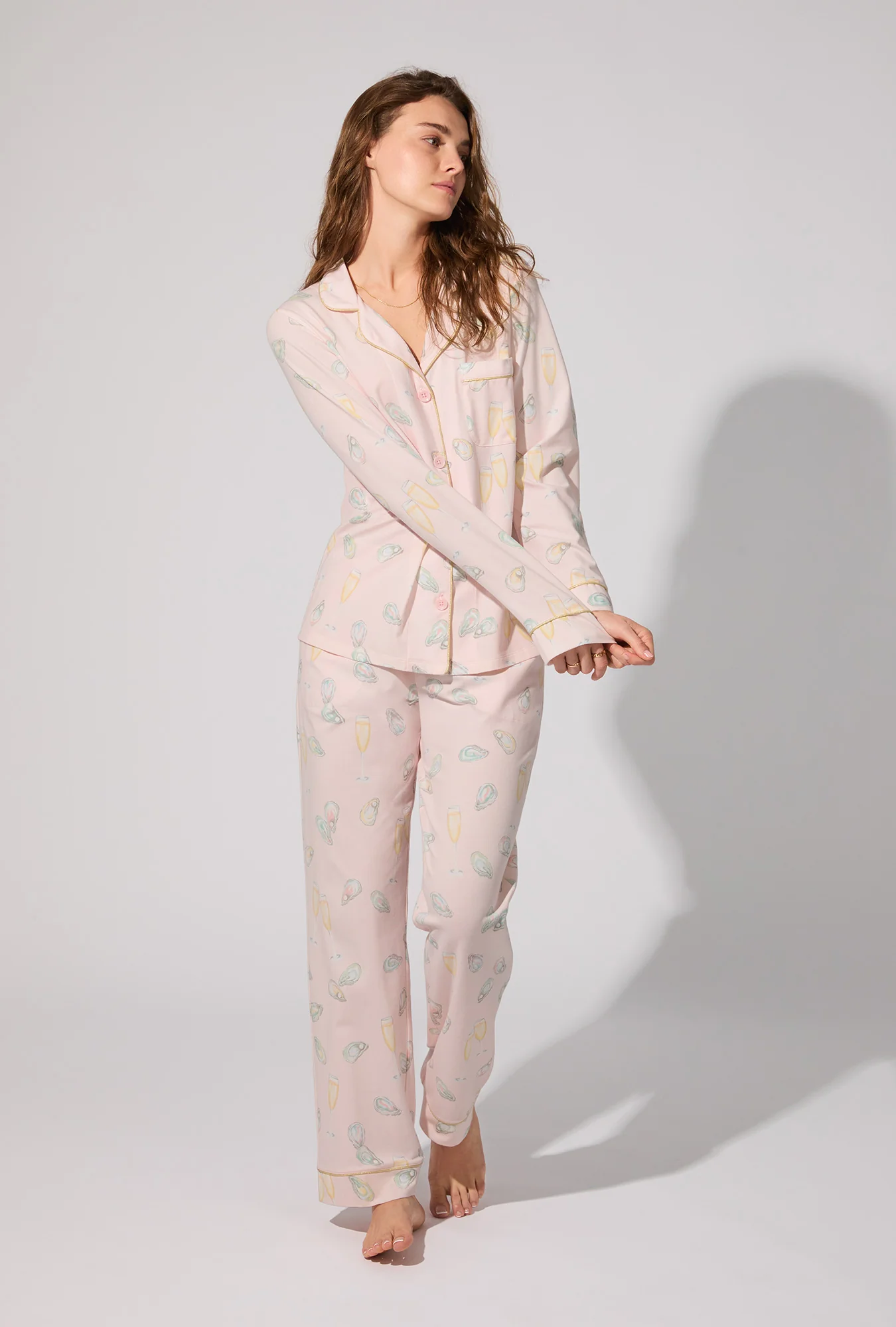 Oyster and Champagne Long Sleeve Classic Stretch Jersey PJ Set