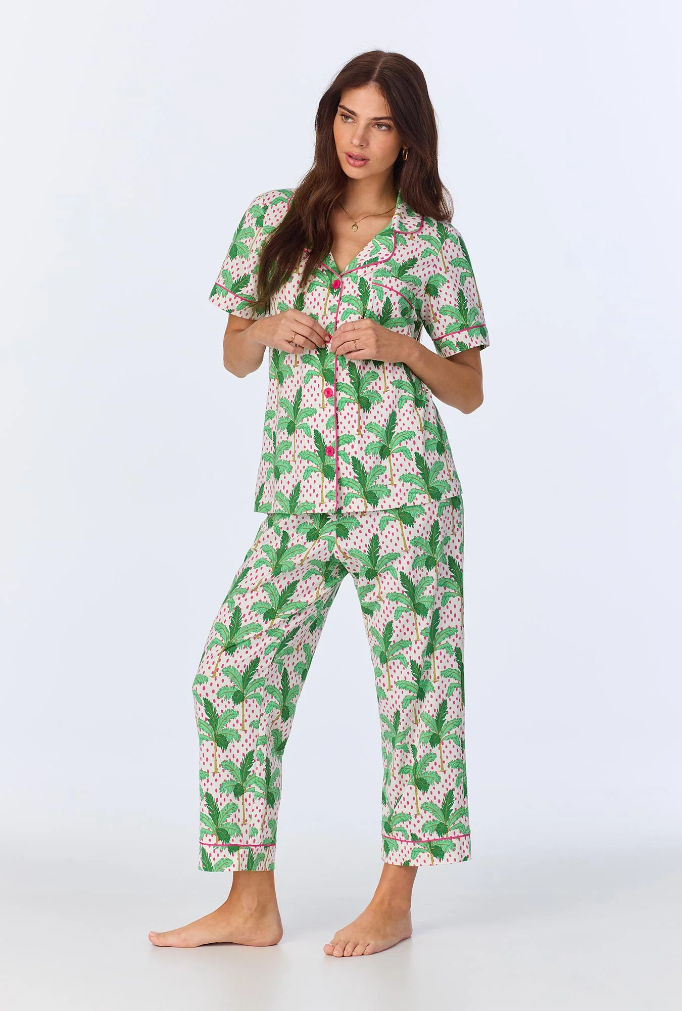 Palm Point Short Sleeve Classic Stretch Jersey Cropped PJ Set - Image 2