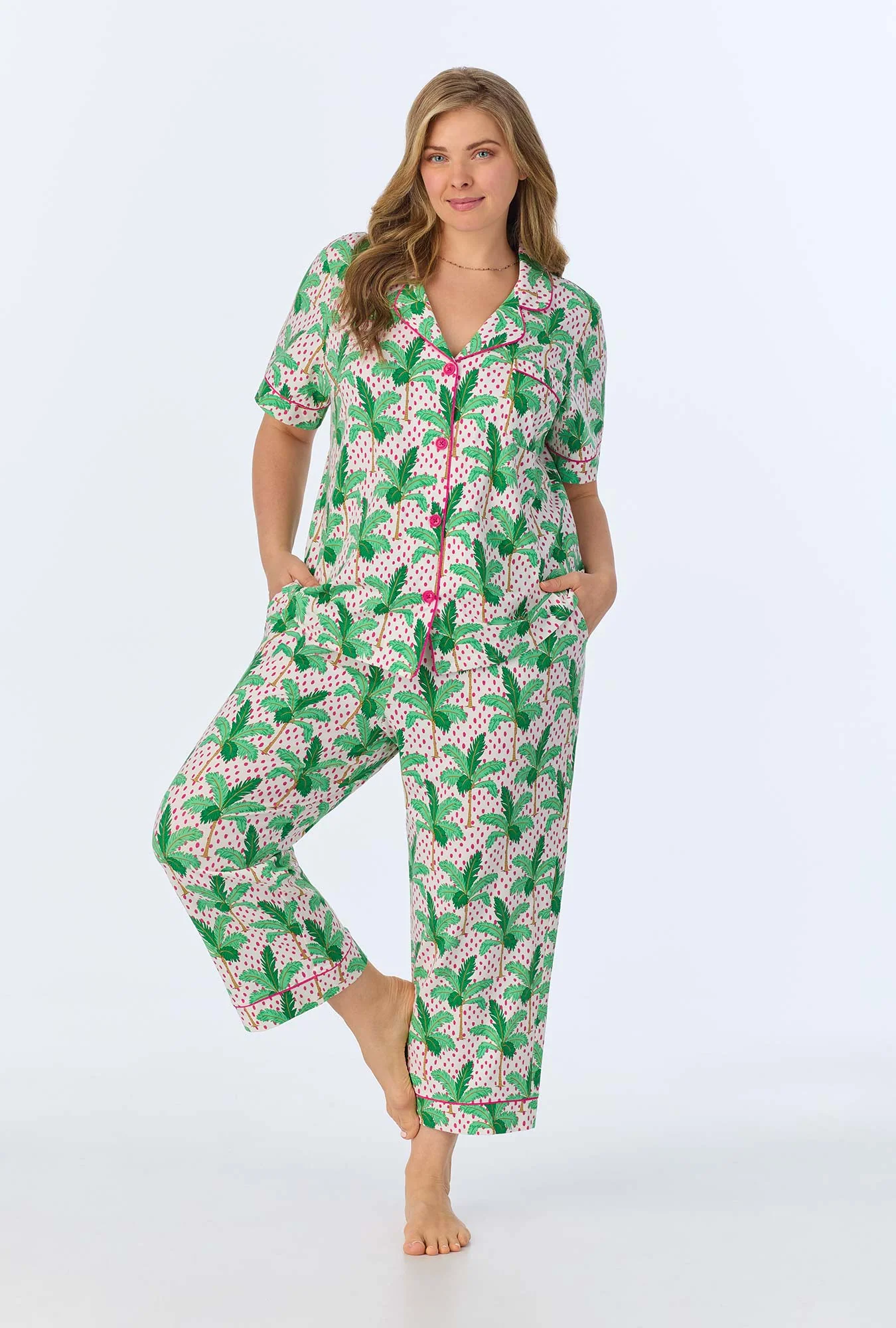 Palm Point Short Sleeve Classic Stretch Jersey Cropped PJ Set - Image 5