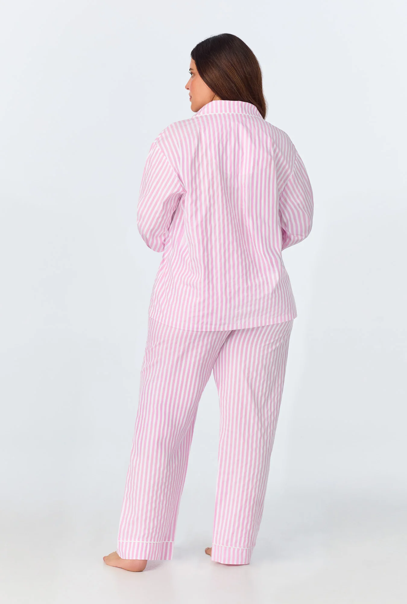Pink 3D Stripe Long Sleeve Classic Woven Cotton Sateen PJ Set - Image 7