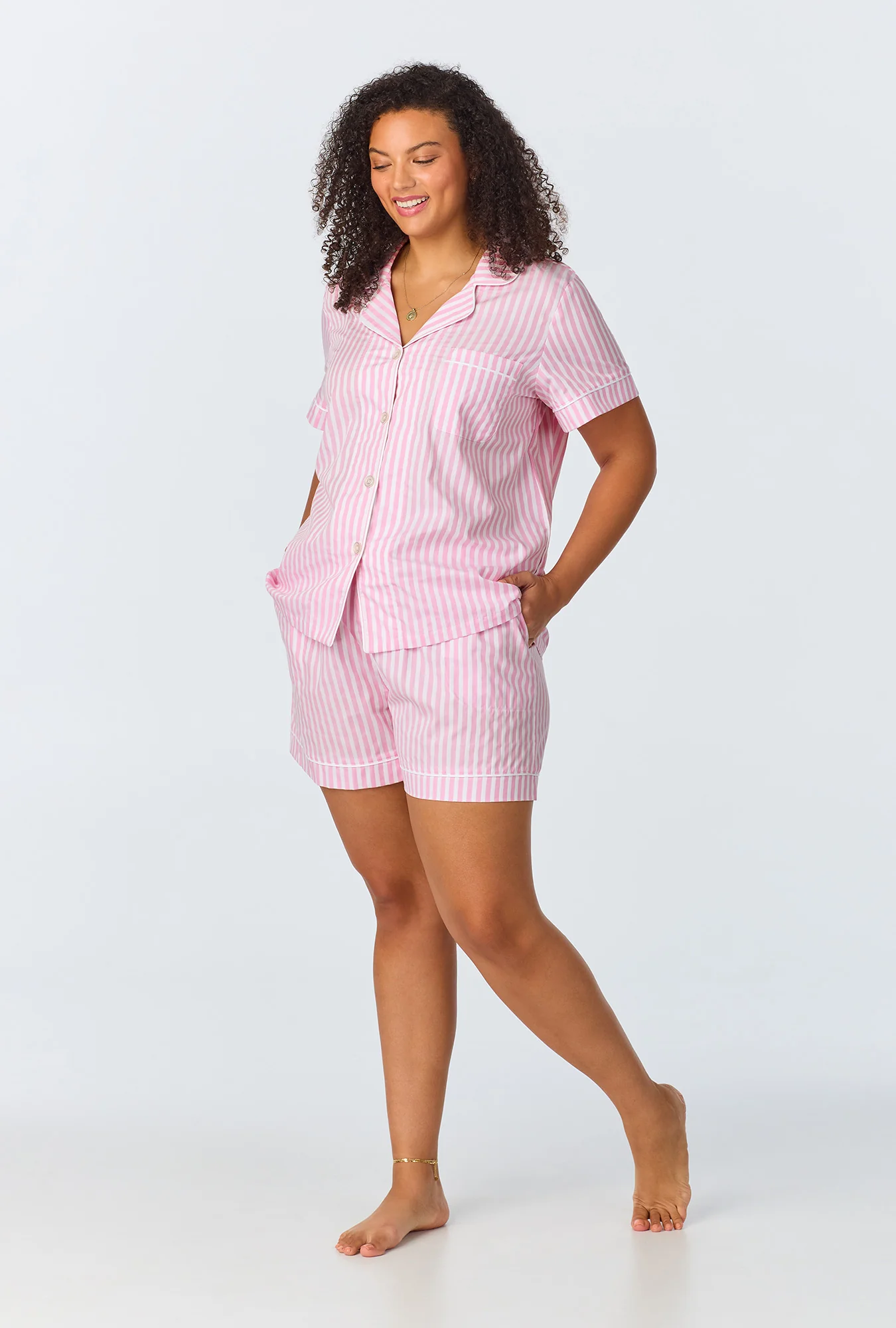 Pink 3D Stripe Short Sleeve Classic Shorty Woven Cotton Sateen PJ Set - Image 5