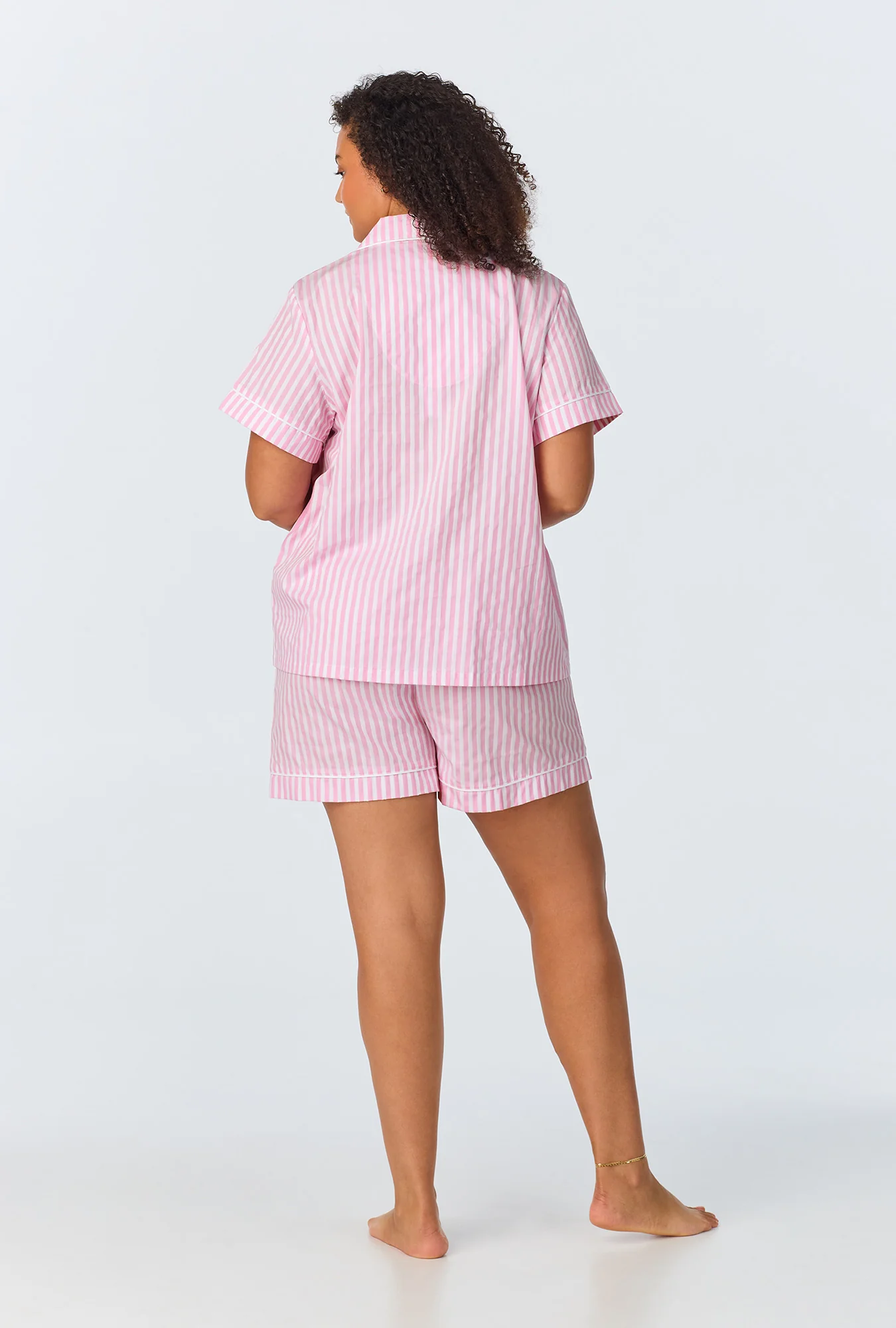 Pink 3D Stripe Short Sleeve Classic Shorty Woven Cotton Sateen PJ Set - Image 6