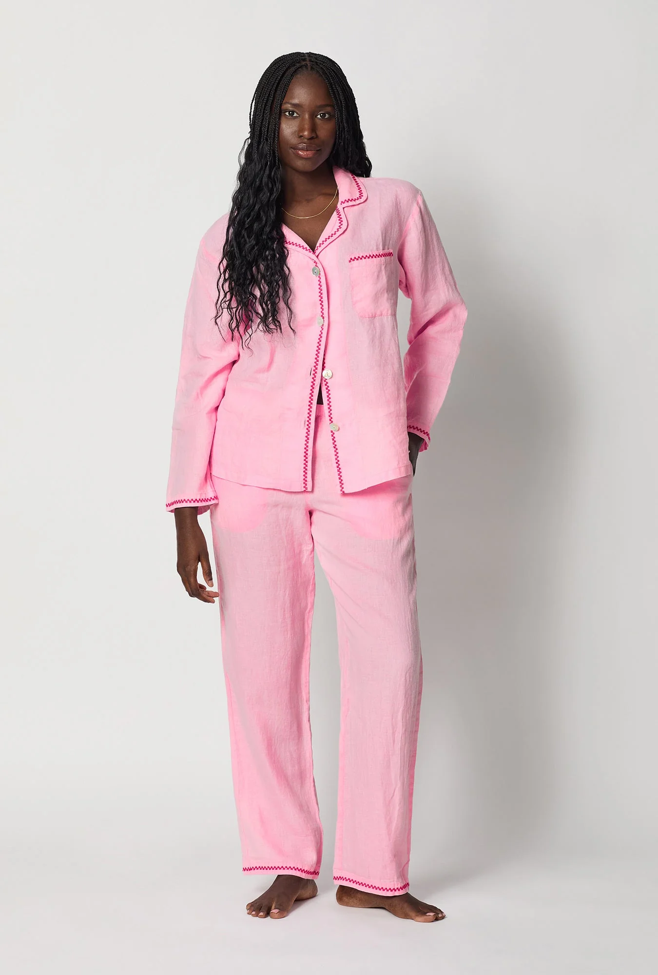 Pink Lady Long Sleeve Classic Woven Linen Pj Set