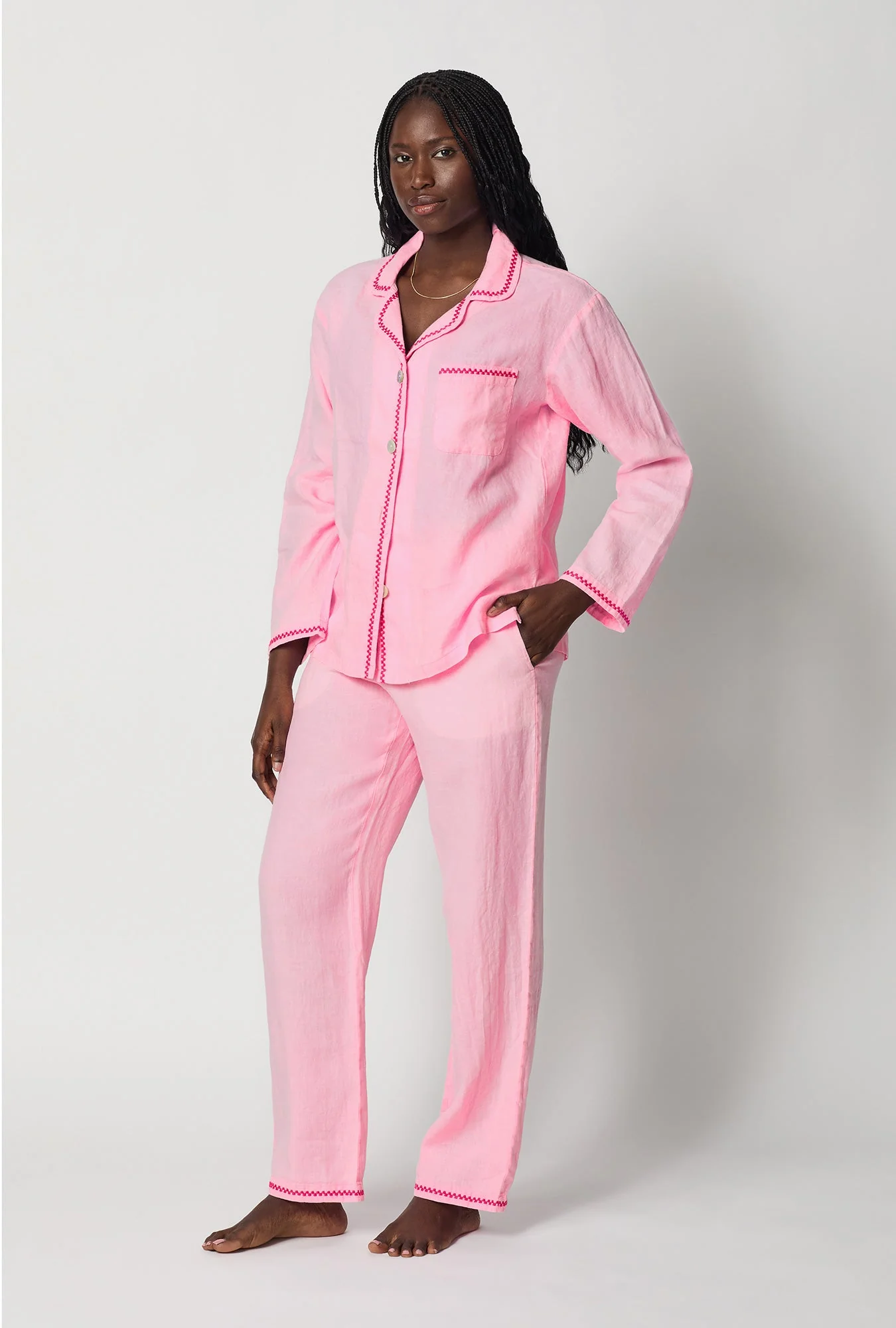 Pink Lady Long Sleeve Classic Woven Linen Pj Set - Image 2