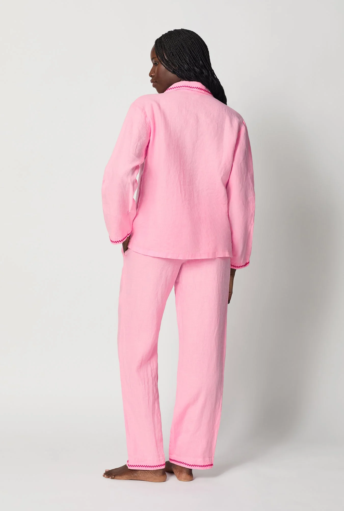 Pink Lady Long Sleeve Classic Woven Linen Pj Set - Image 3