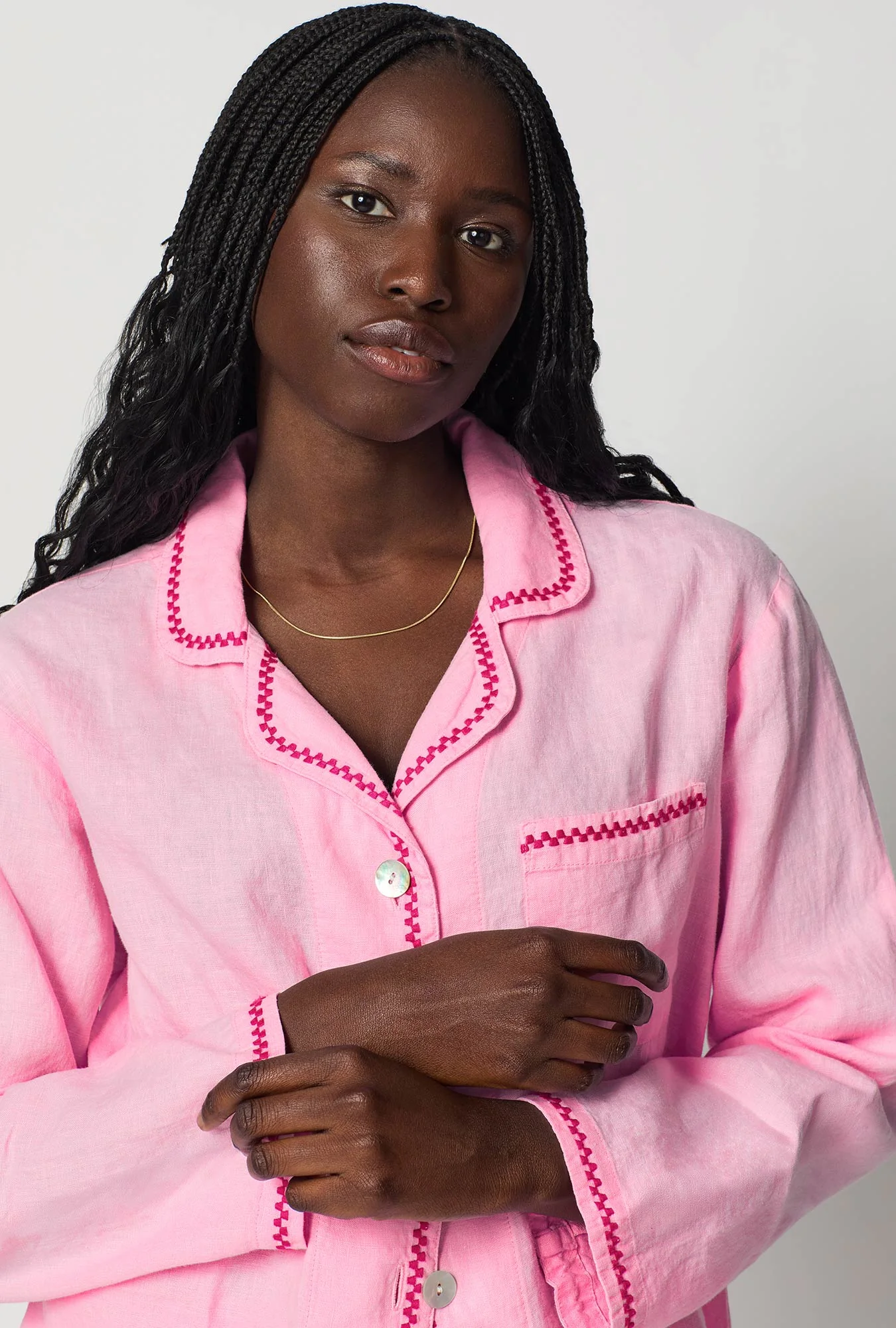 Pink Lady Long Sleeve Classic Woven Linen Pj Set - Image 4