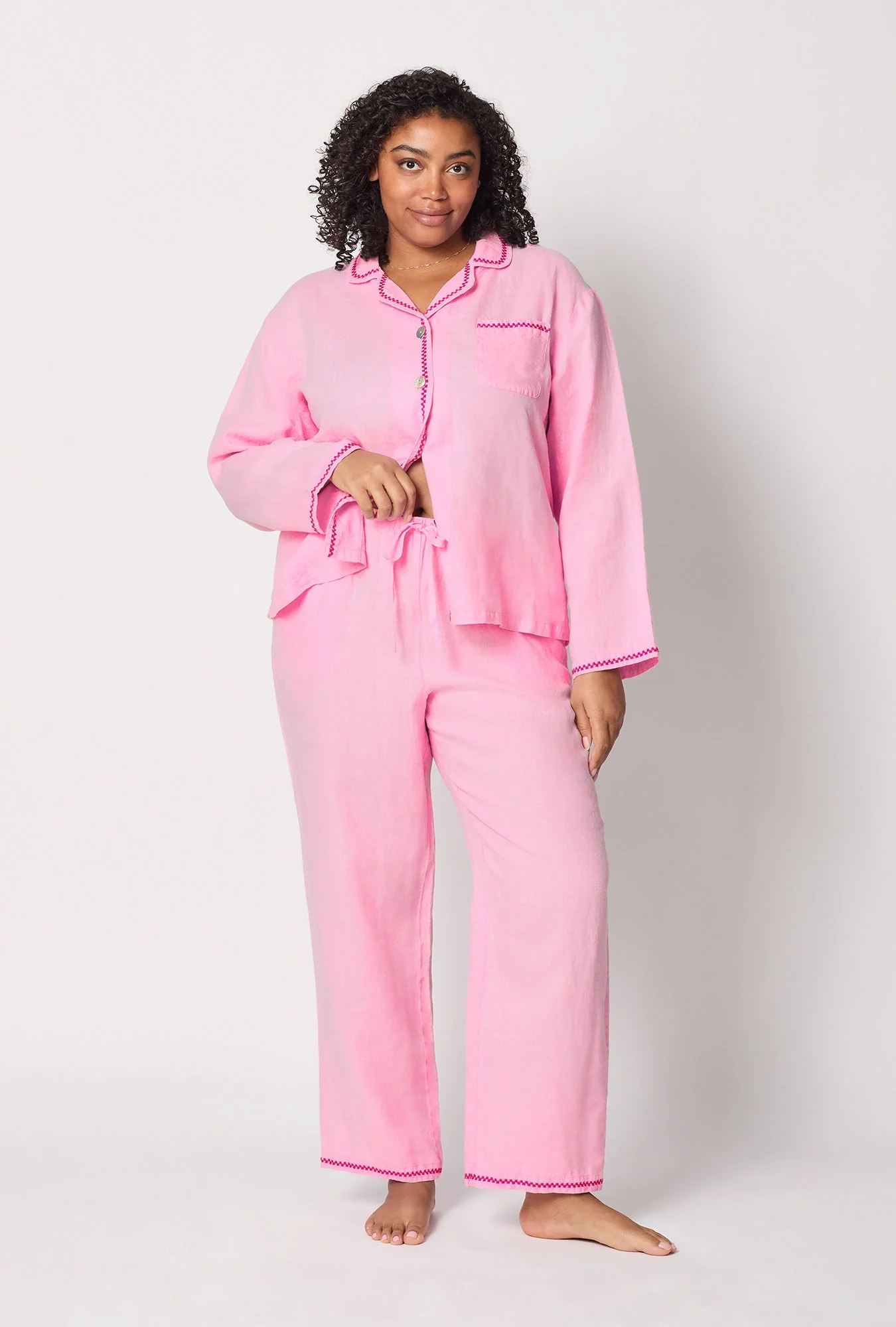 Pink Lady Long Sleeve Classic Woven Linen Pj Set - Image 5