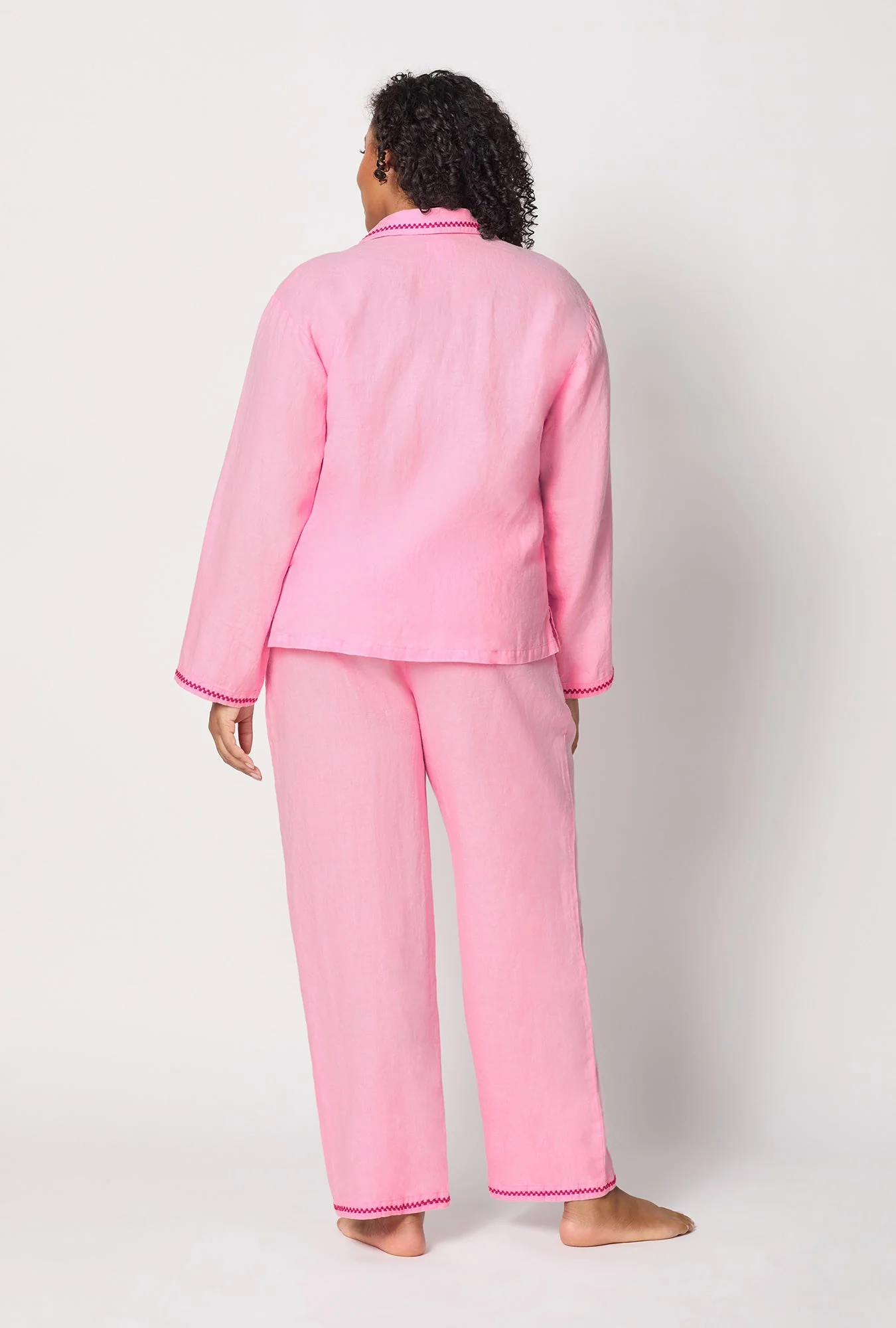 Pink Lady Long Sleeve Classic Woven Linen Pj Set - Image 6