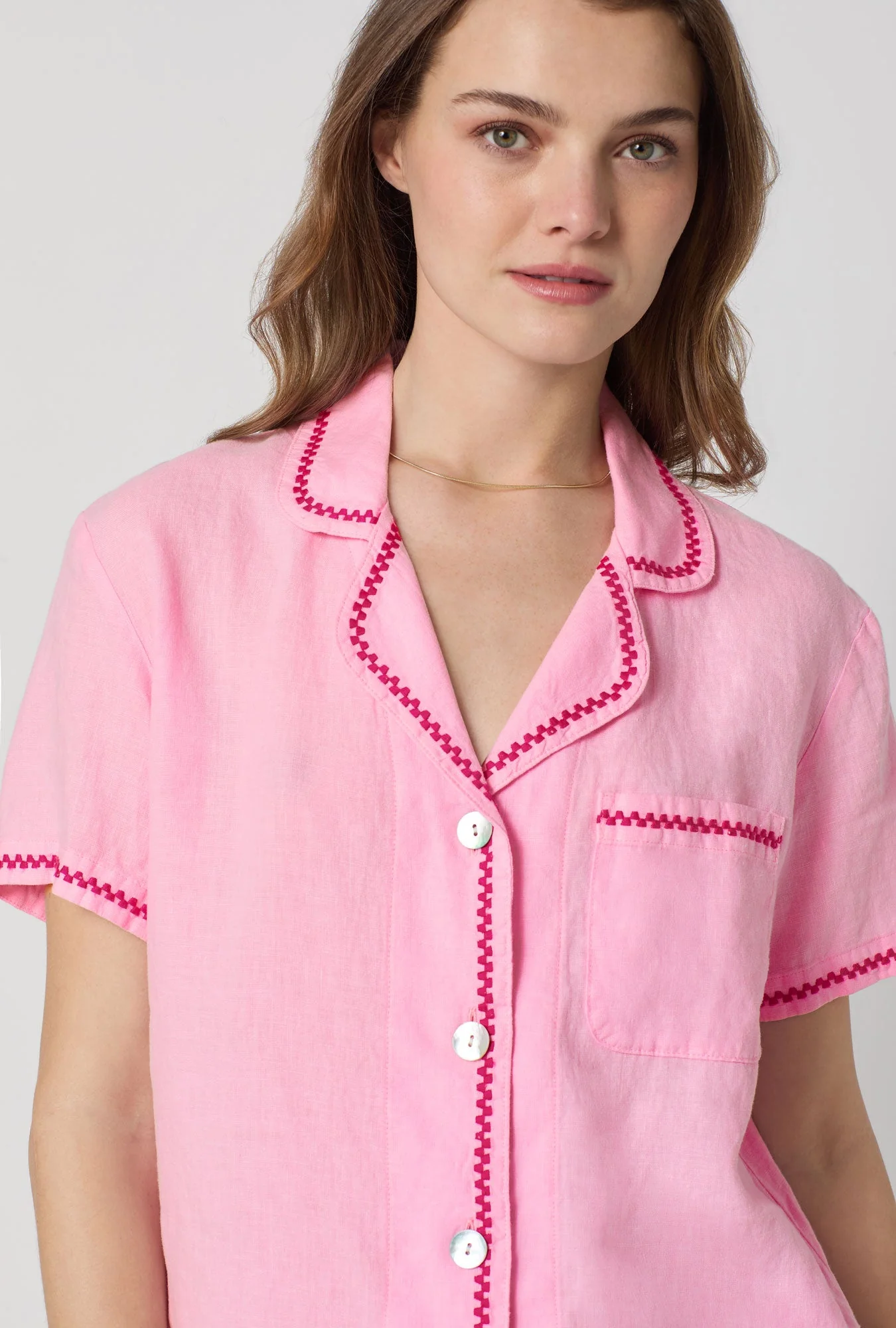 Pink Lady Short Sleeve Classic Shorty Woven Linen Pj Set - Image 5