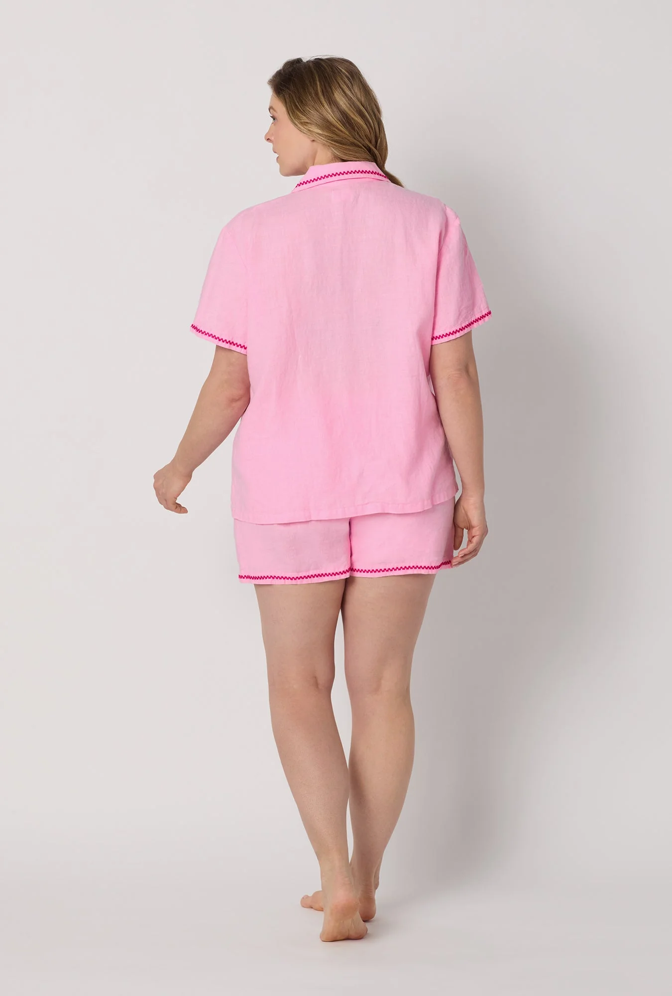 Pink Lady Short Sleeve Classic Shorty Woven Linen Pj Set - Image 7