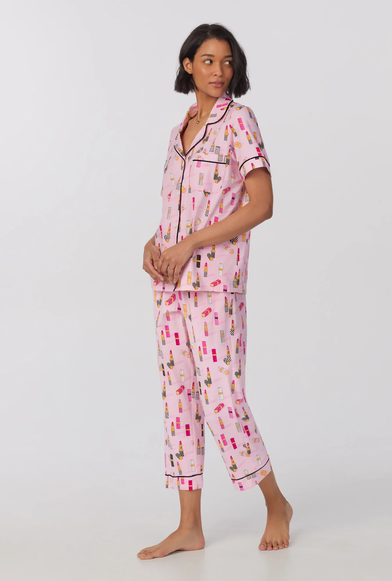Pretty In Pink Short Sleeve Classic Stretch Jersey Cropped PJ Set - Image 2