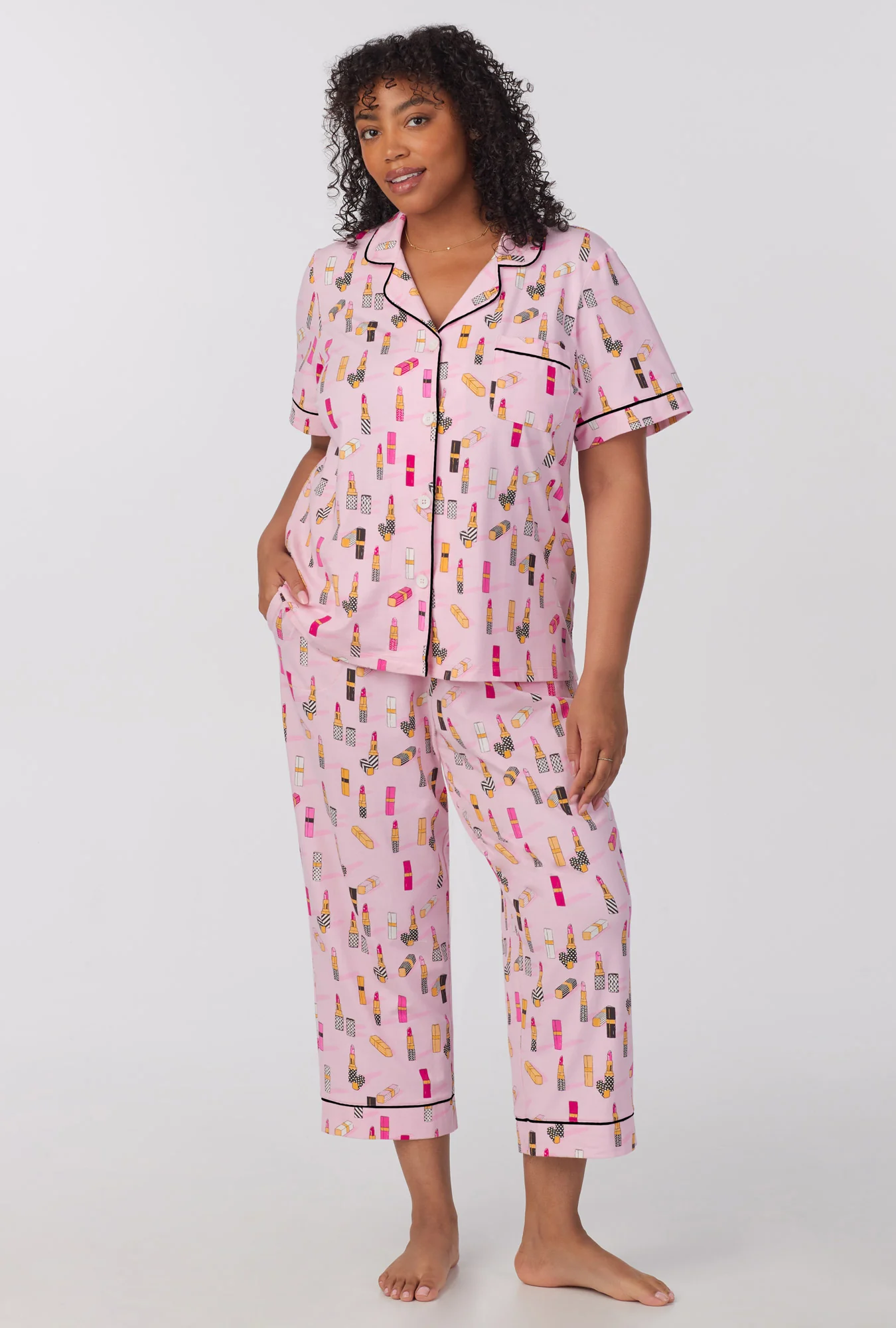 Pretty In Pink Short Sleeve Classic Stretch Jersey Cropped PJ Set - Image 4