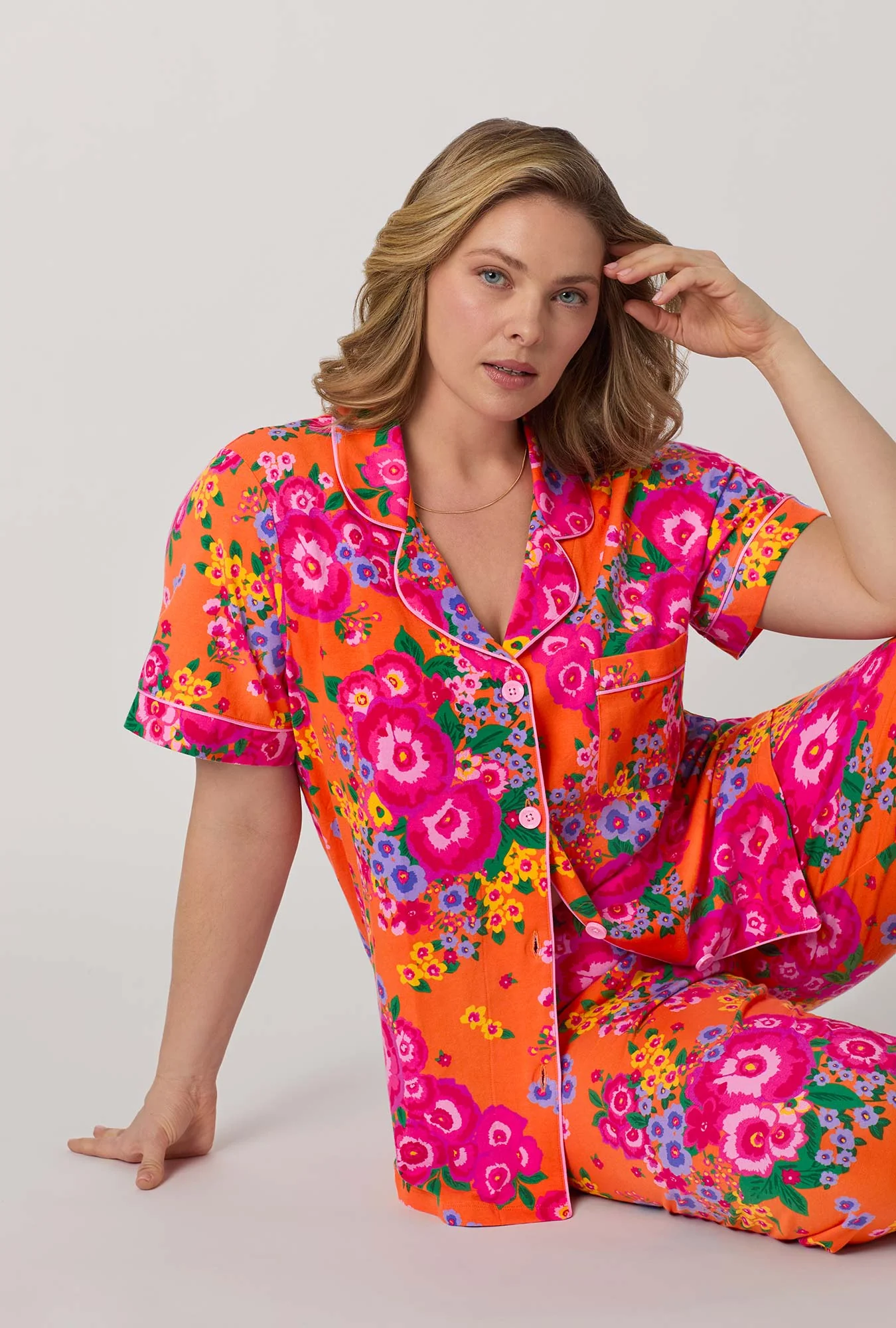 Ravello Blooms Short Sleeve Classic Stretch Jersey Cropped Pj Set