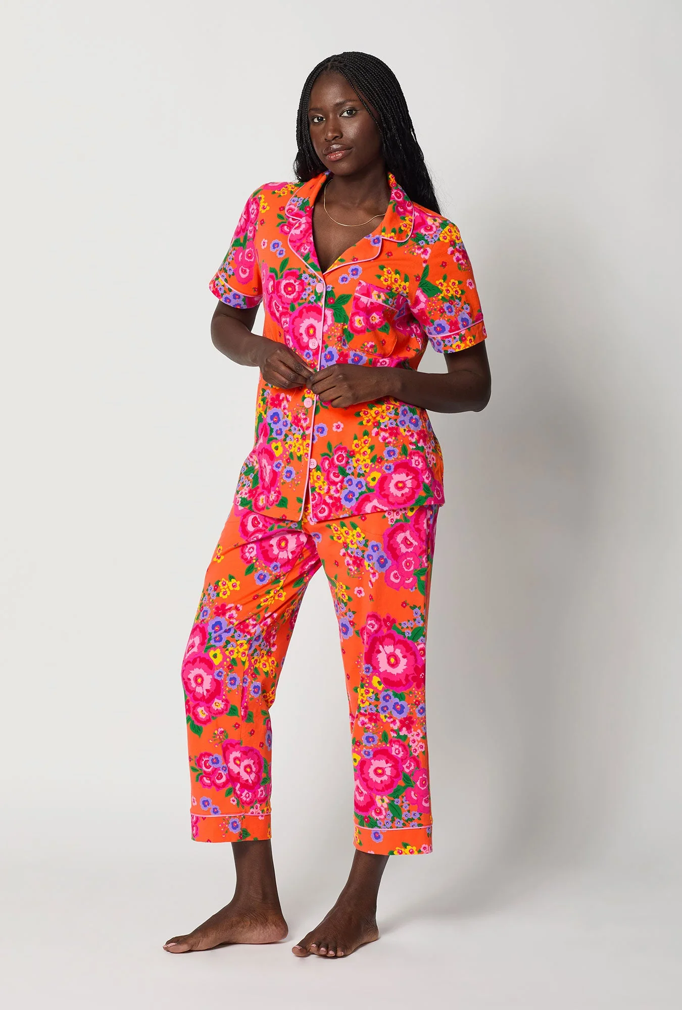 Ravello Blooms Short Sleeve Classic Stretch Jersey Cropped Pj Set - Image 3