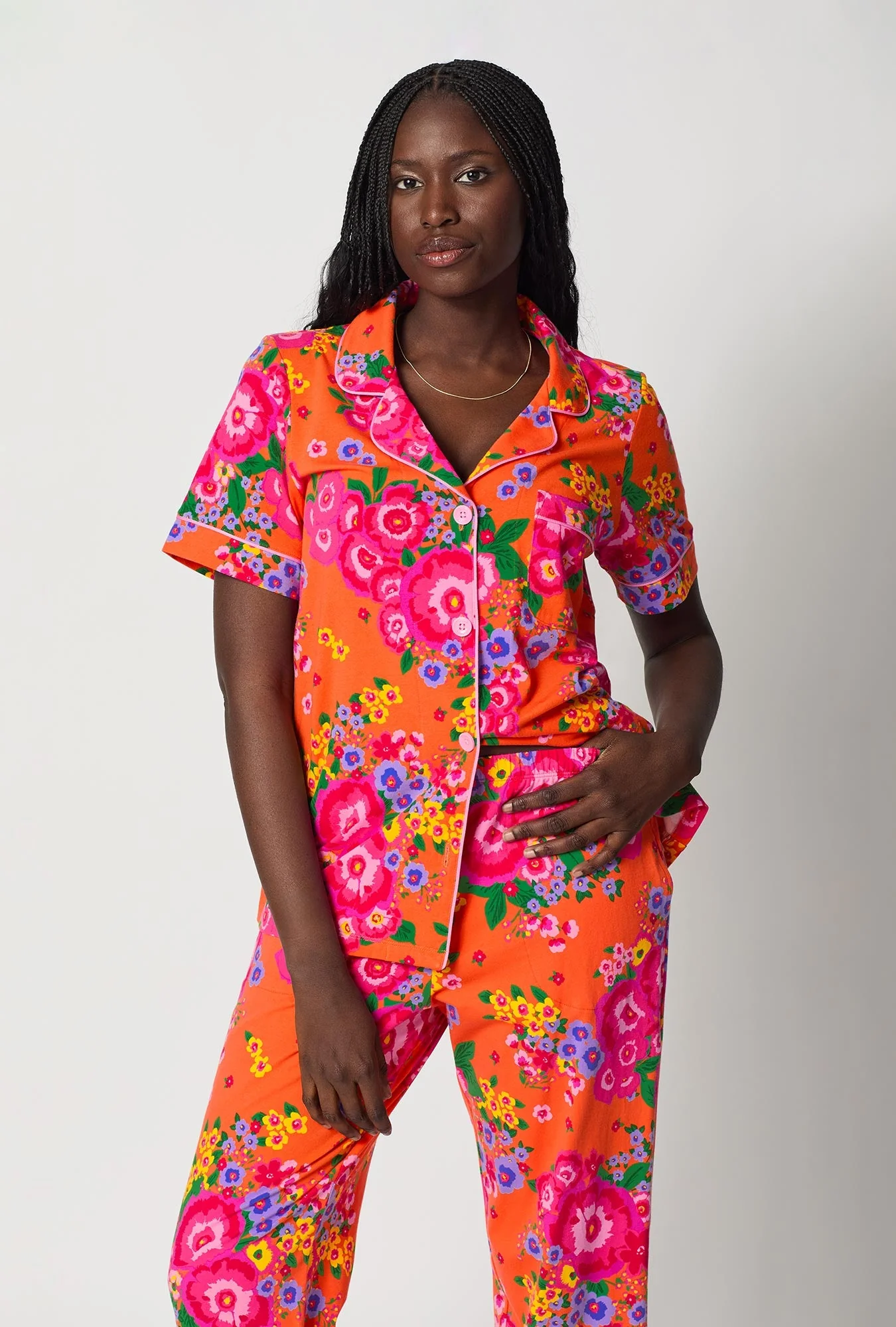 Ravello Blooms Short Sleeve Classic Stretch Jersey Cropped Pj Set - Image 5