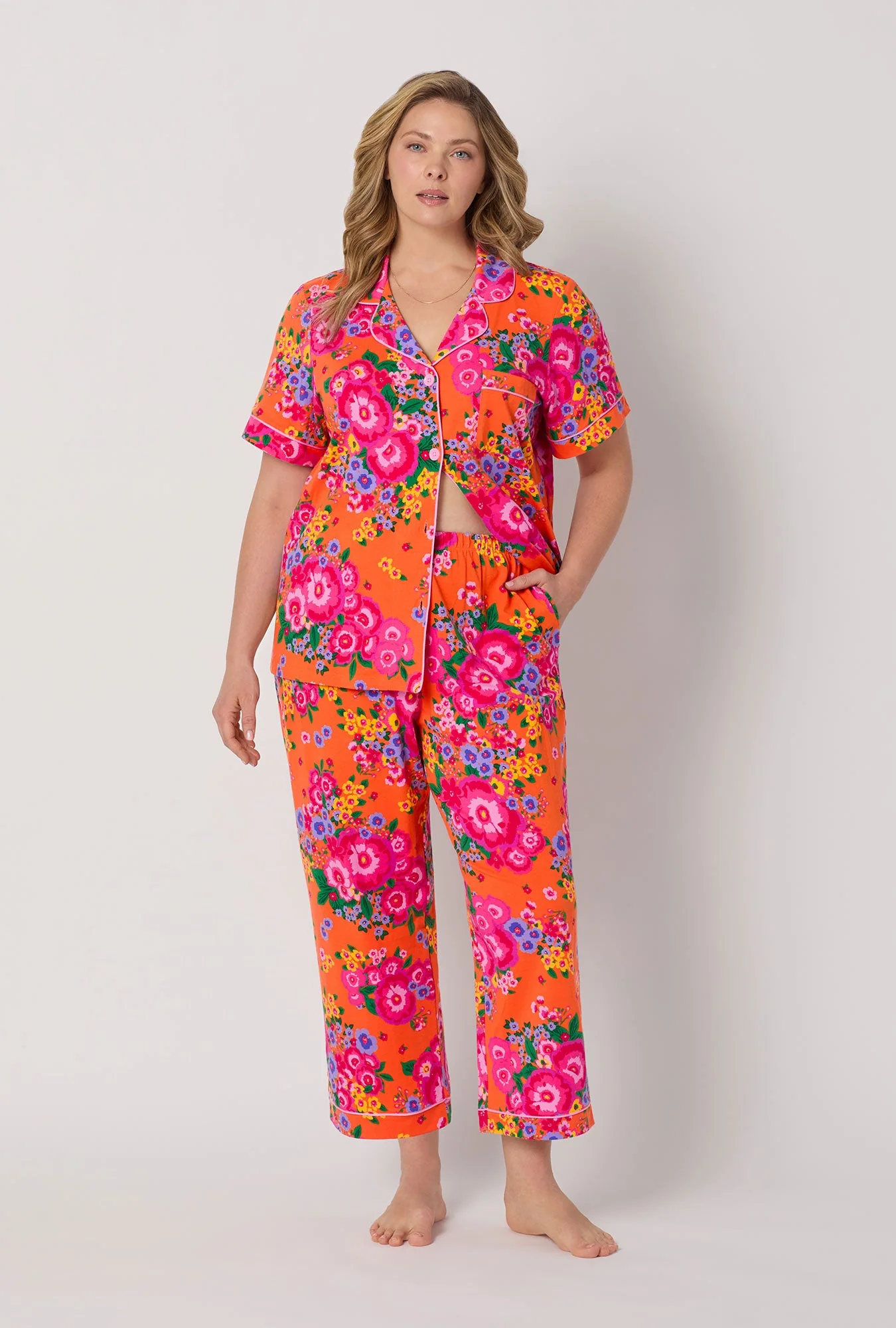 Ravello Blooms Short Sleeve Classic Stretch Jersey Cropped Pj Set - Image 6