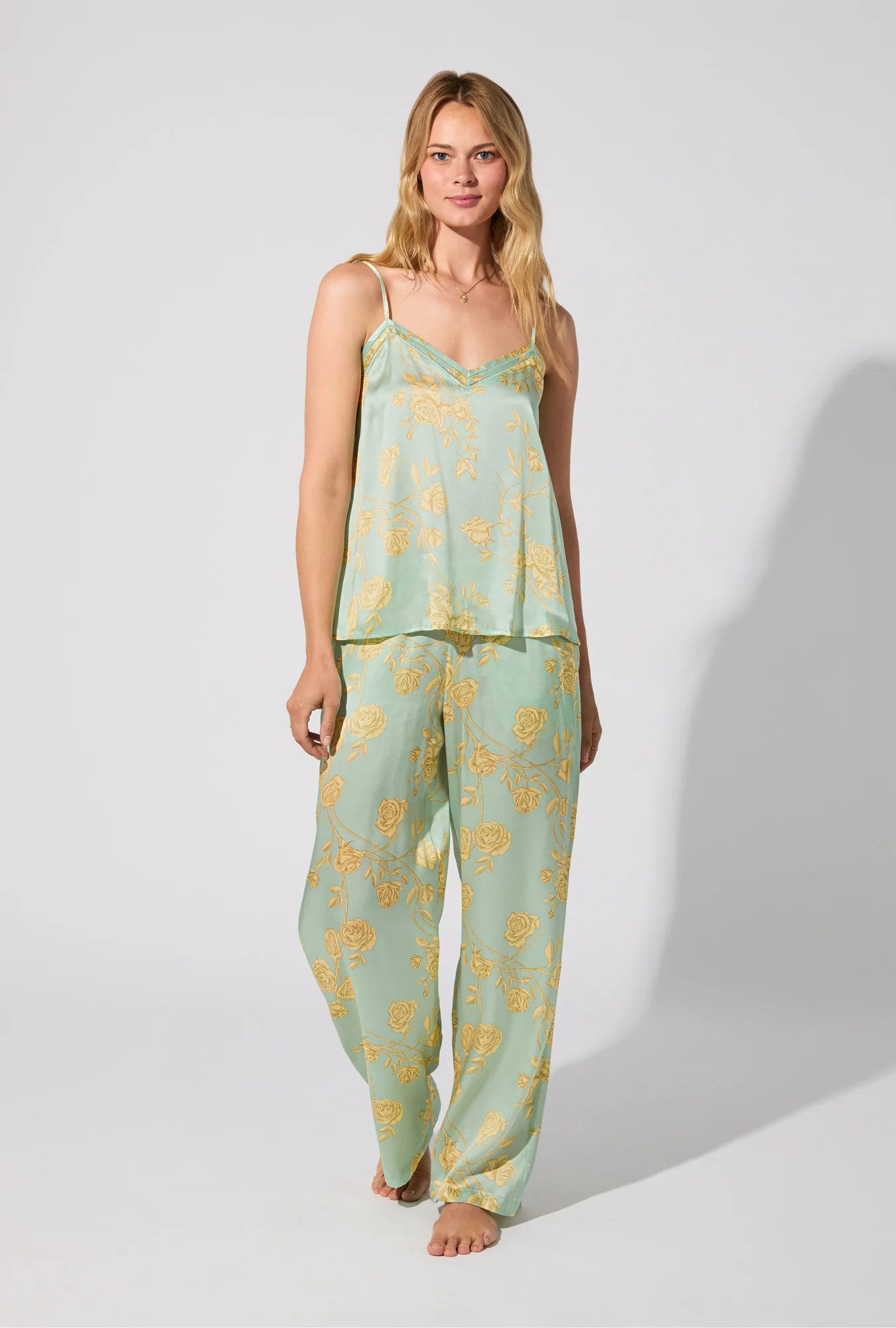 Royal Roses Cami Top Woven Washable Silk Satin Long PJ Set