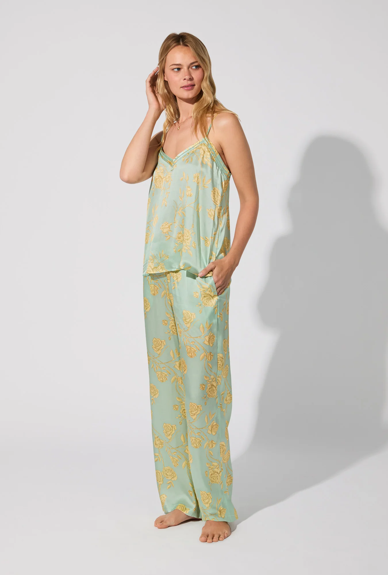 Royal Roses Cami Top Woven Washable Silk Satin Long PJ Set - Image 2