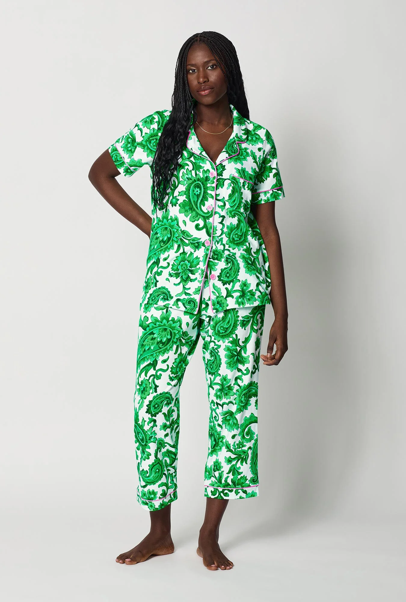 Sorrento Verde Short Sleeve Classic Stretch Jersey Cropped Pj Set - Image 2