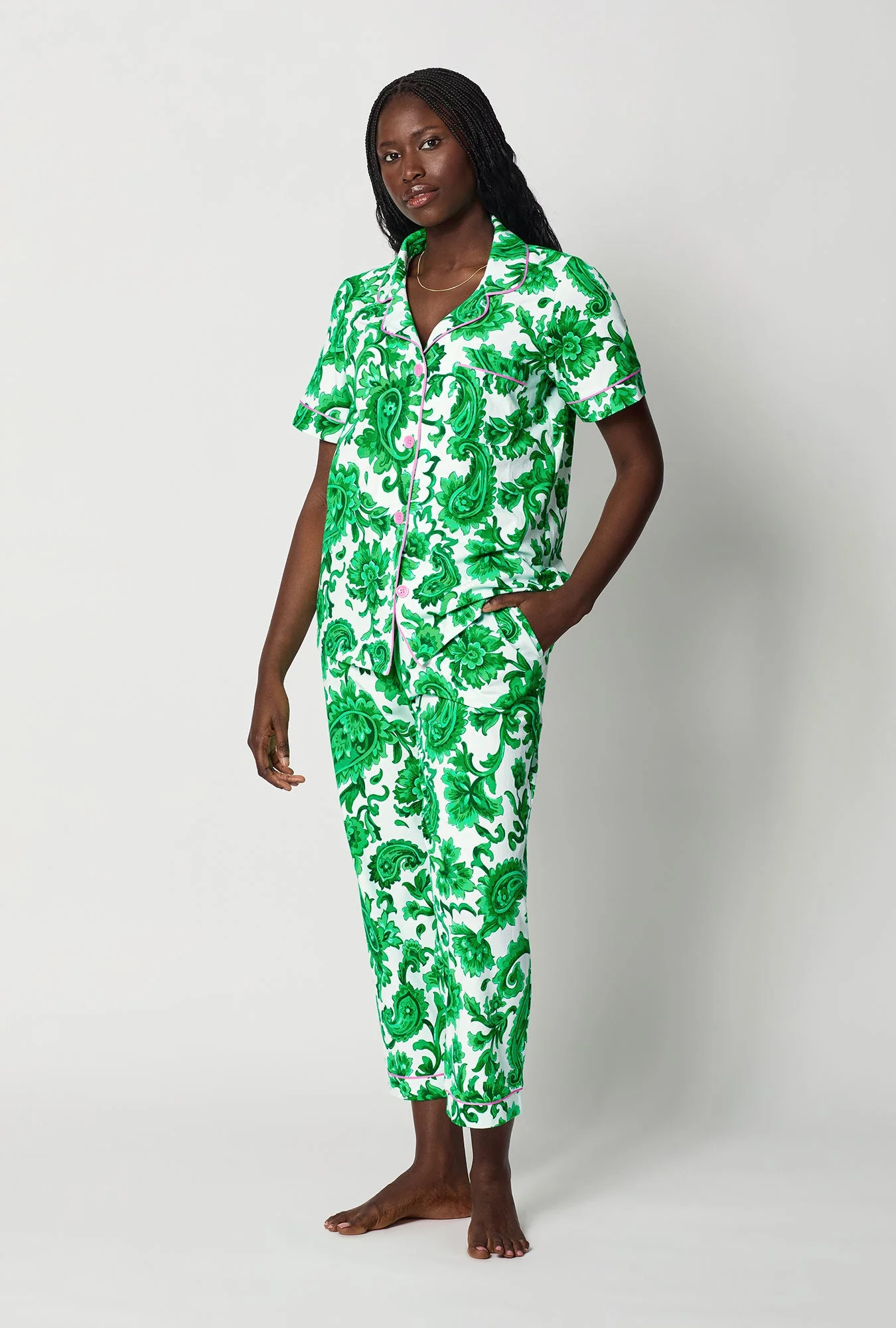 Sorrento Verde Short Sleeve Classic Stretch Jersey Cropped Pj Set - Image 3