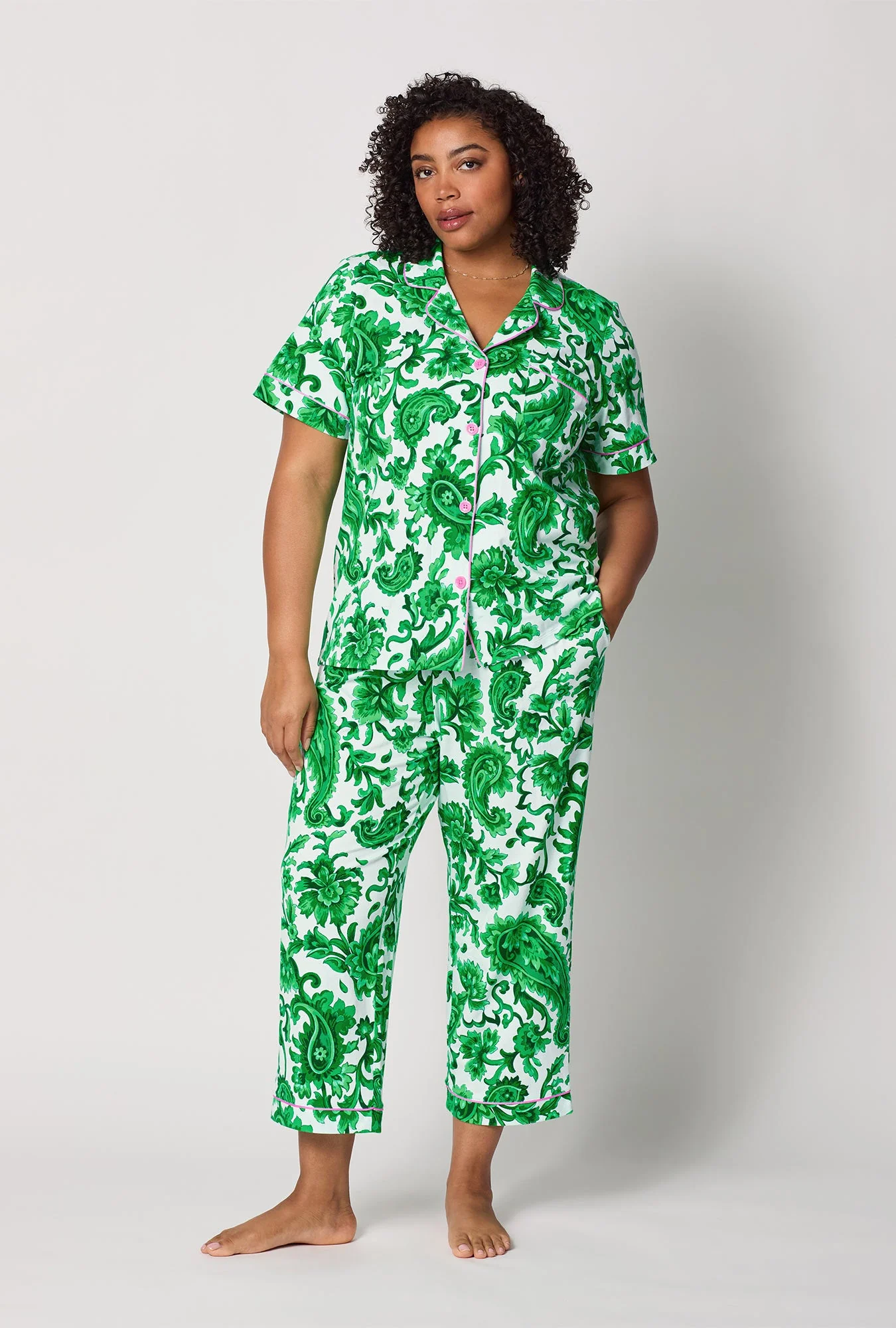 Sorrento Verde Short Sleeve Classic Stretch Jersey Cropped Pj Set - Image 5
