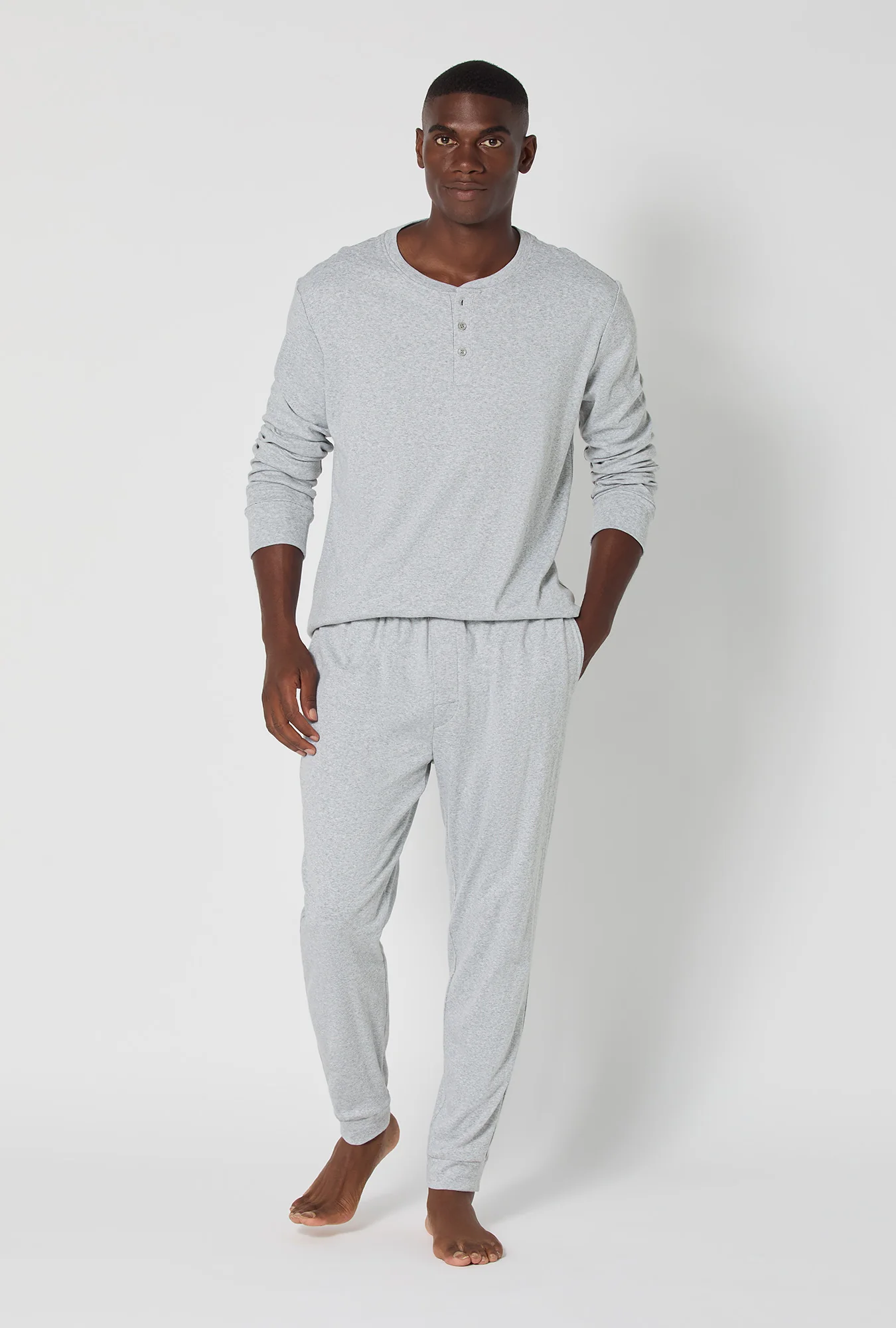 True Grey Heather Men's Long Sleeve Henley And Jogger Cotton Rib Pj Set