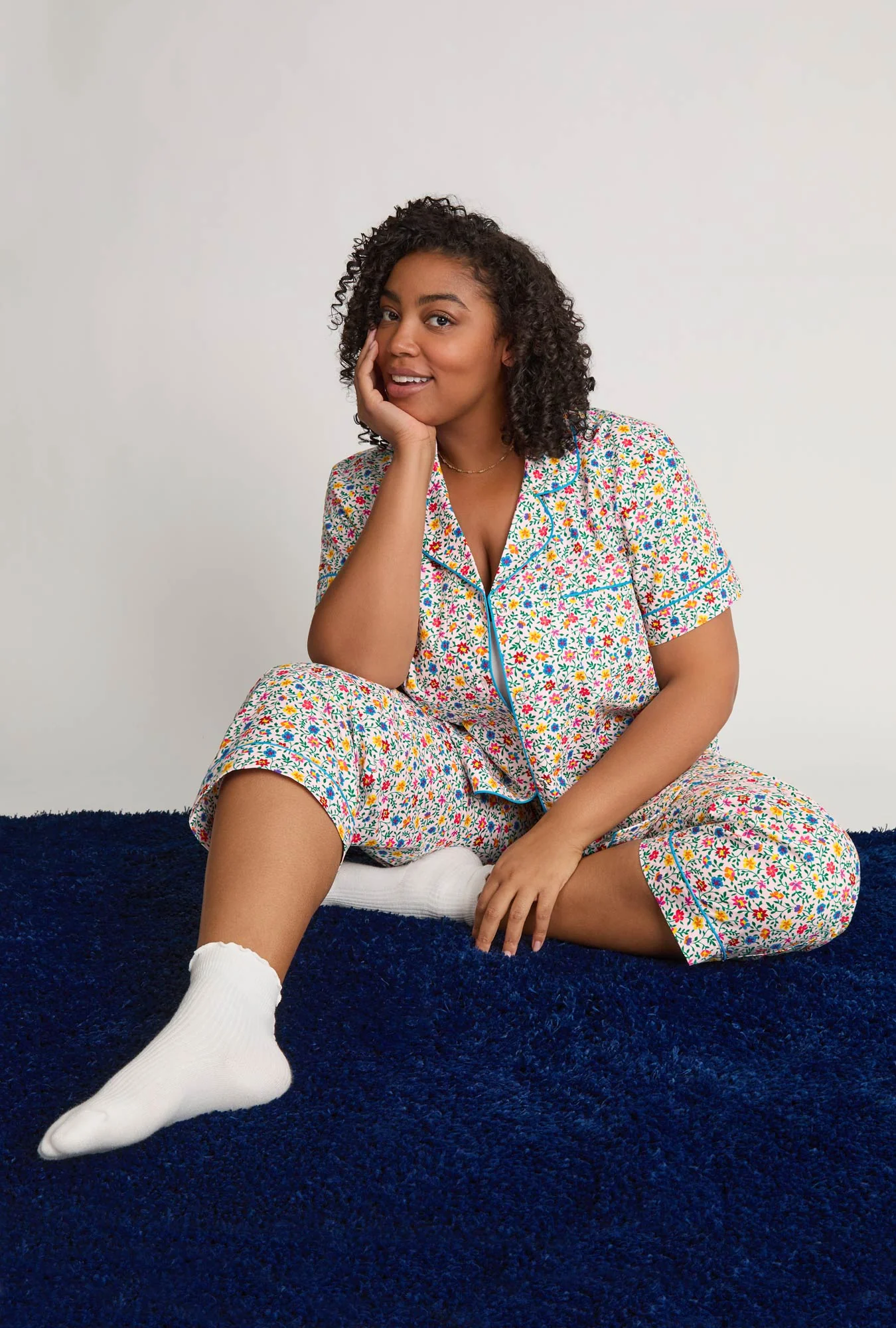 Whimsy Ditsy Short Sleeve Classic Woven Cotton Poplin Cropped Pj Set