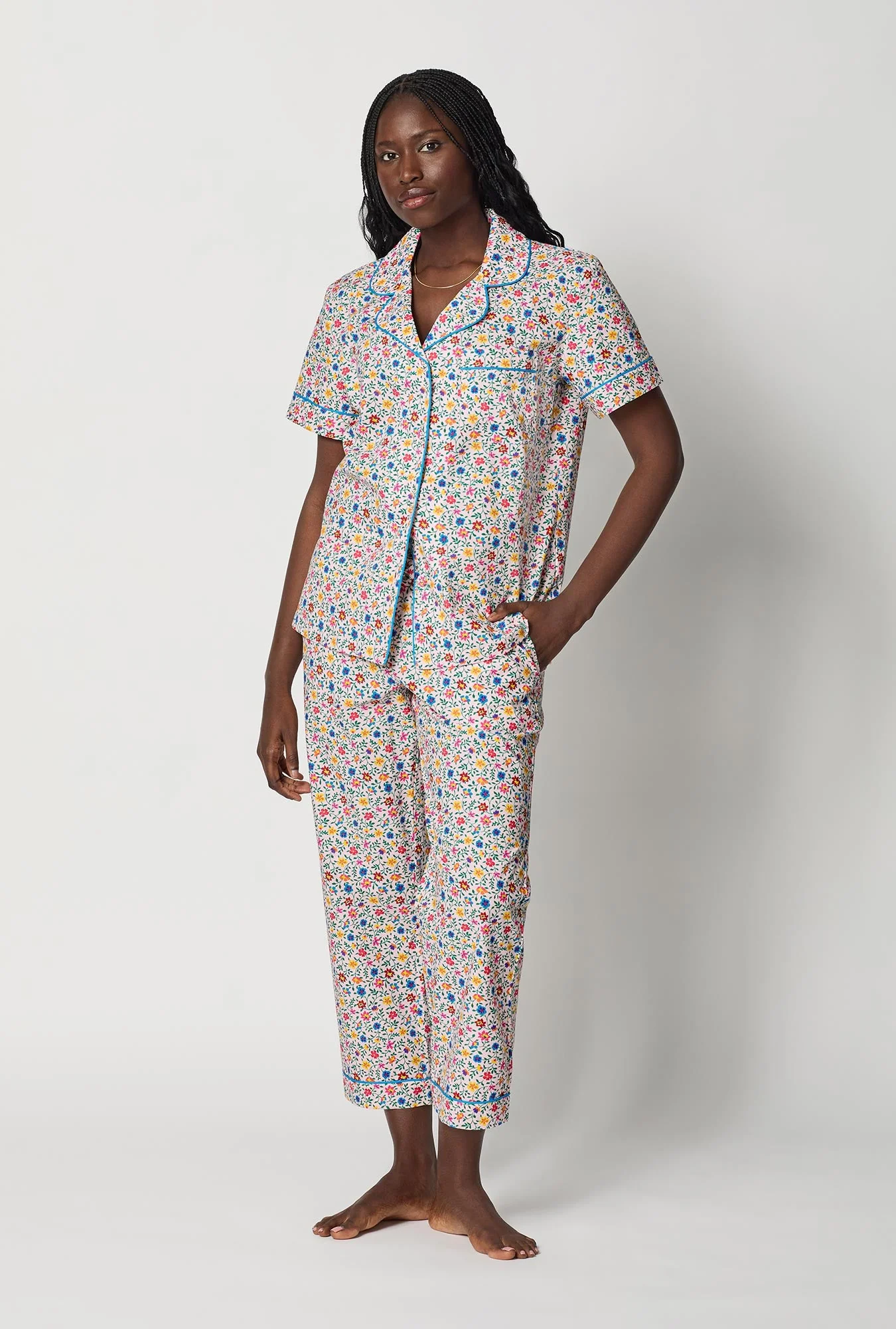Whimsy Ditsy Short Sleeve Classic Woven Cotton Poplin Cropped Pj Set - Image 2
