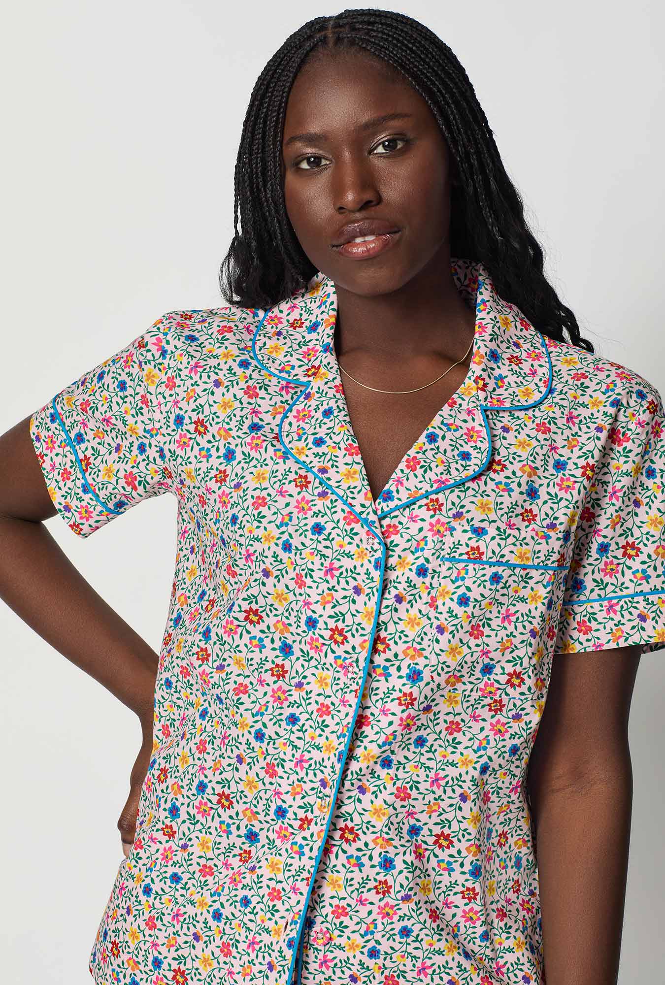 Whimsy Ditsy Short Sleeve Classic Woven Cotton Poplin Cropped Pj Set - Image 4