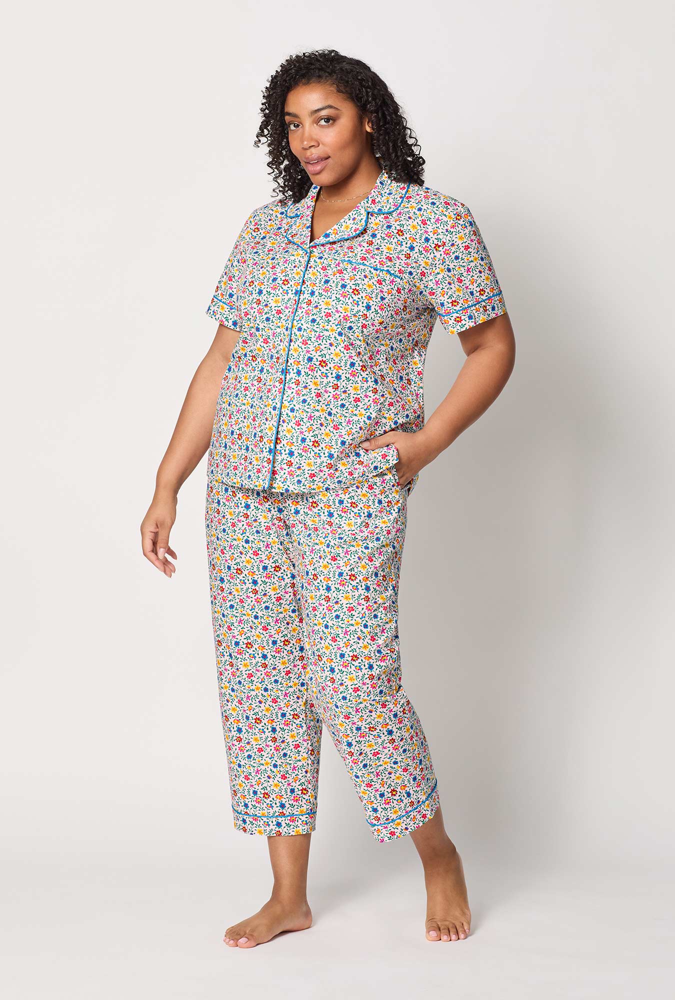 Whimsy Ditsy Short Sleeve Classic Woven Cotton Poplin Cropped Pj Set - Image 5