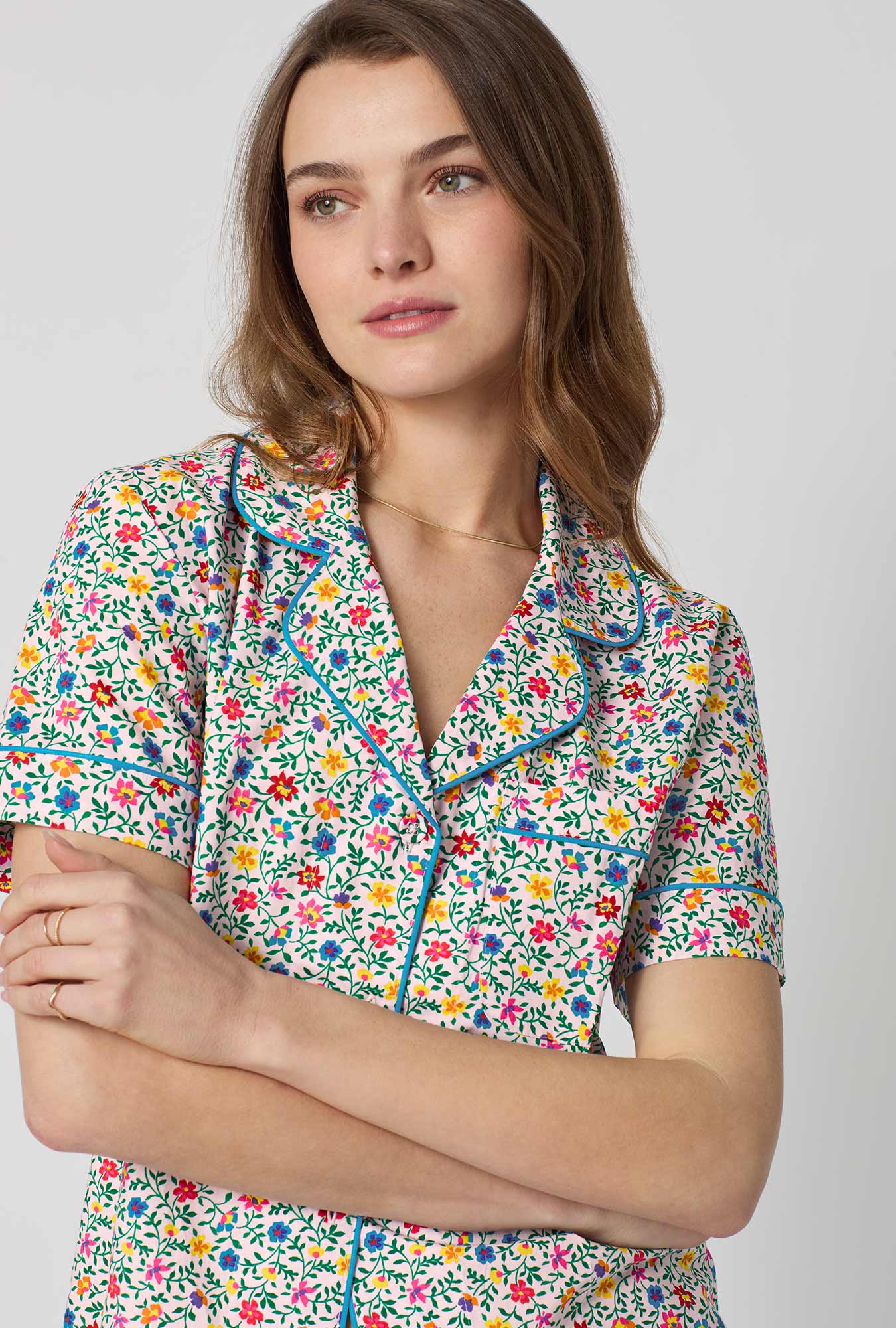 Whimsy Ditsy Short Sleeve Classic Woven Cotton Poplin Shorty Pj Set - Image 4