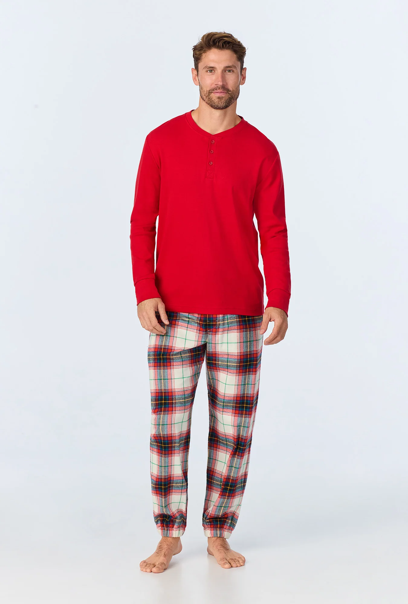Winter Tartan Men's Long Sleeve Henley and Jogger Woven Portuguese Flannel PJ Set