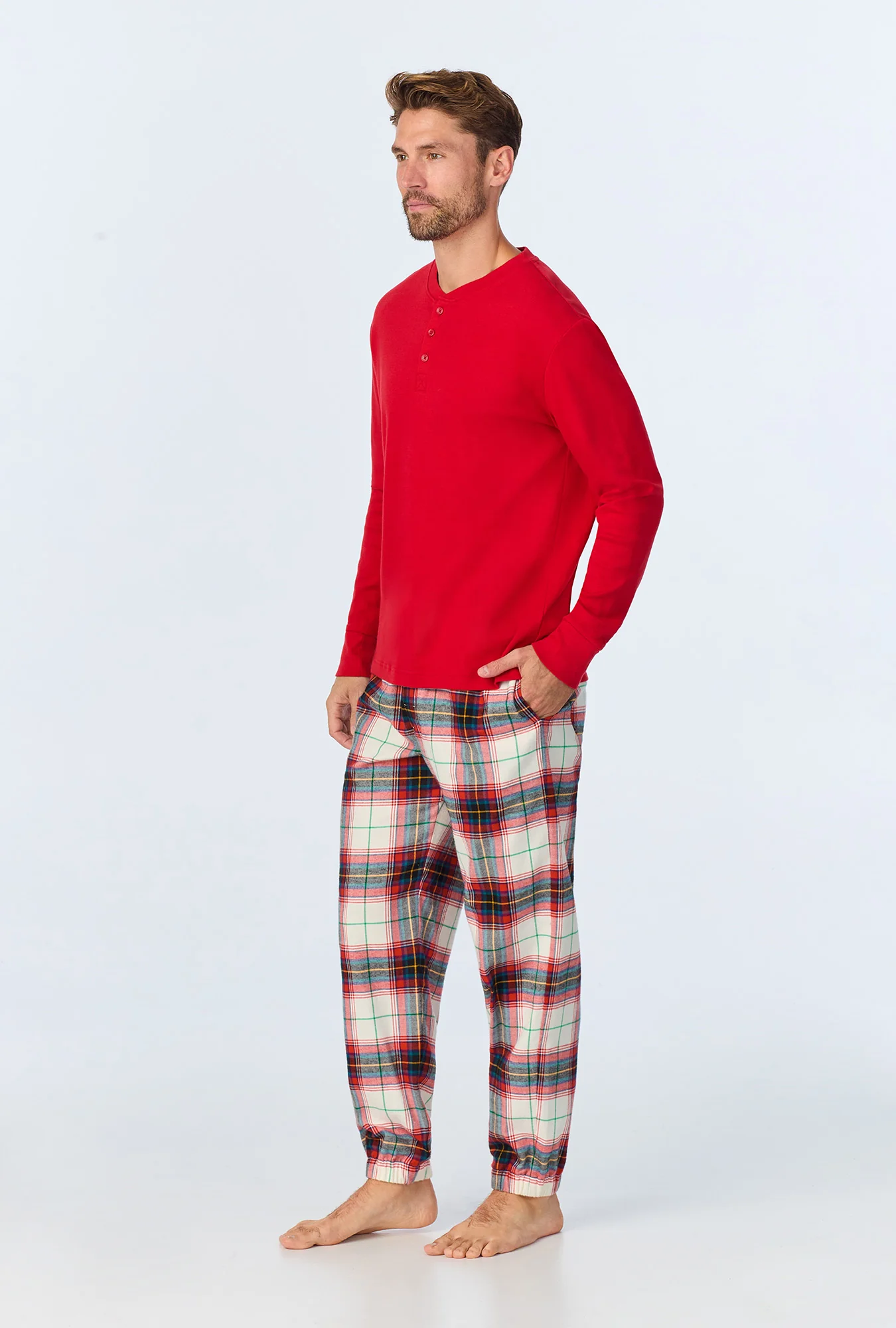 Winter Tartan Men's Long Sleeve Henley and Jogger Woven Portuguese Flannel PJ Set - Image 2