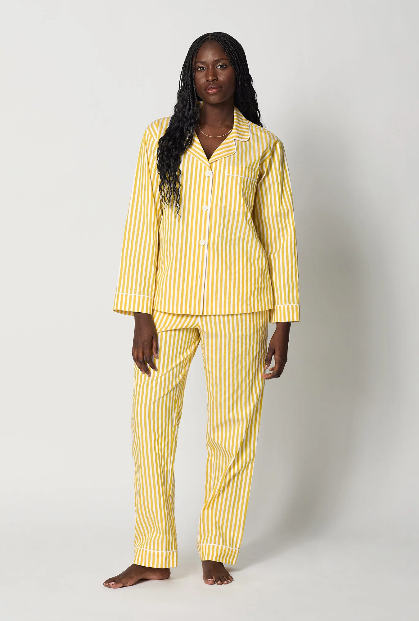 Yellow 3D Stripe Long Sleeve Classic Woven Cotton Sateen Pj Set