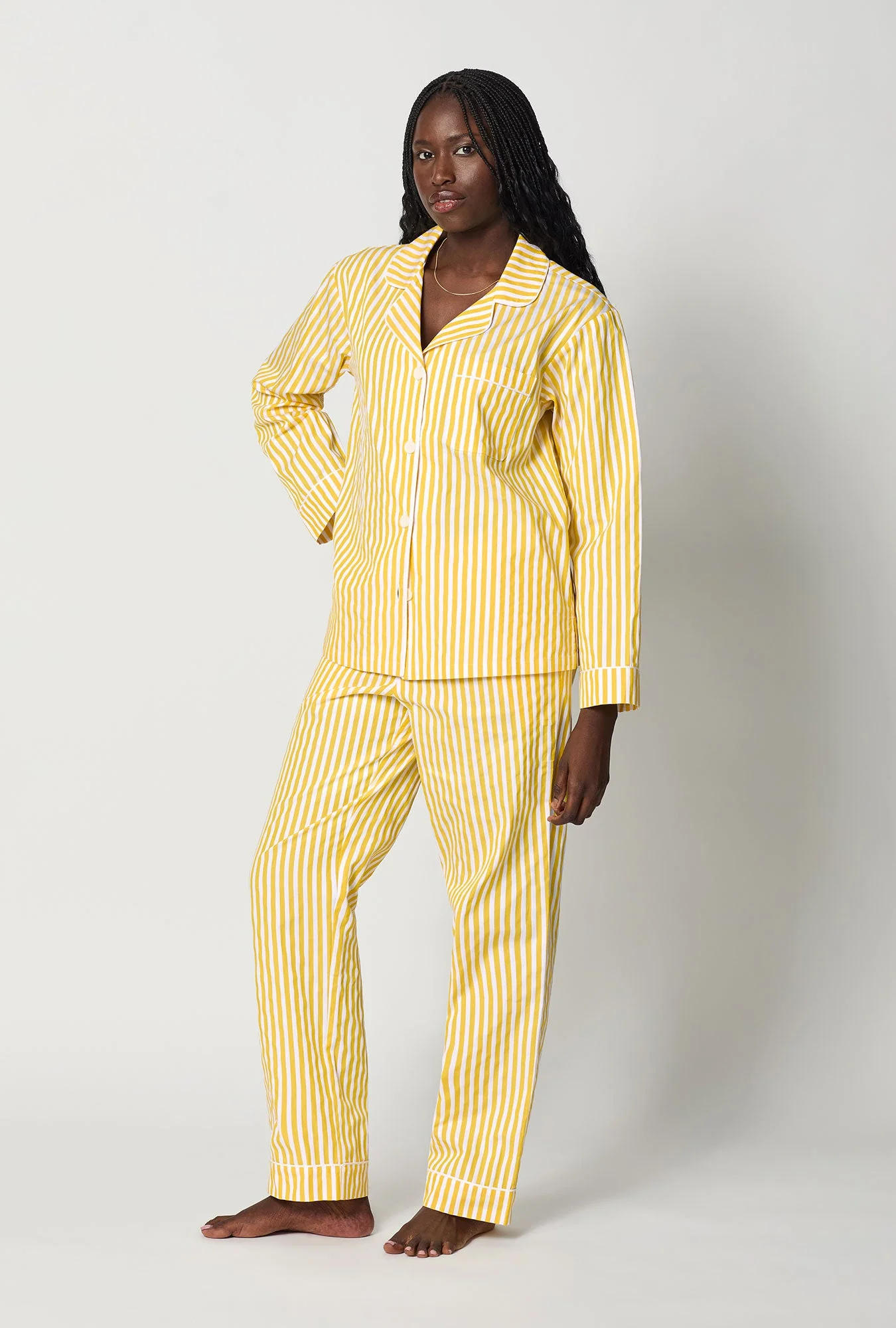 Yellow 3D Stripe Long Sleeve Classic Woven Cotton Sateen Pj Set - Image 2