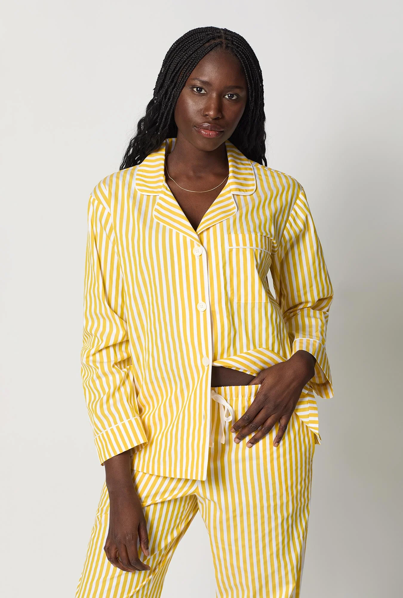 Yellow 3D Stripe Long Sleeve Classic Woven Cotton Sateen Pj Set - Image 4