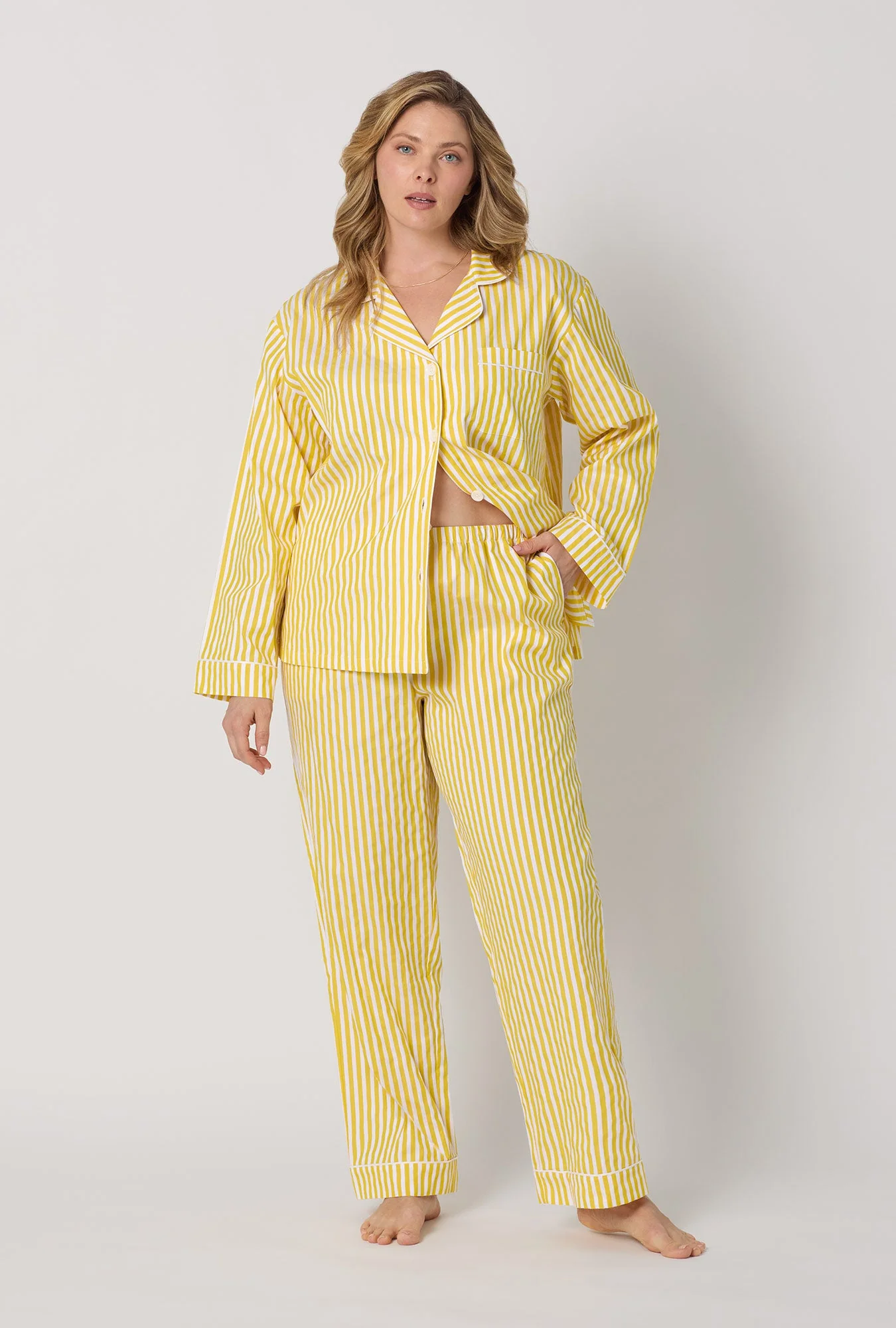 Yellow 3D Stripe Long Sleeve Classic Woven Cotton Sateen Pj Set - Image 5