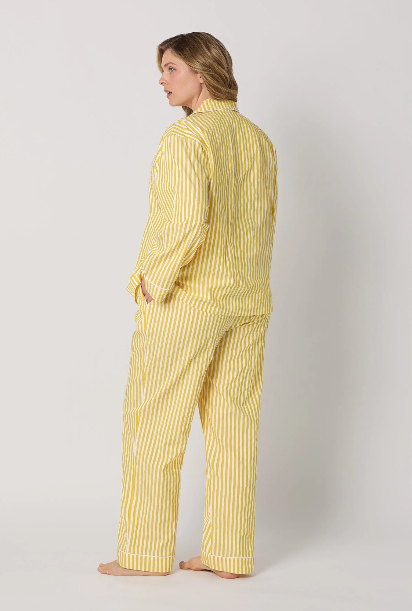 Yellow 3D Stripe Long Sleeve Classic Woven Cotton Sateen Pj Set - Image 6