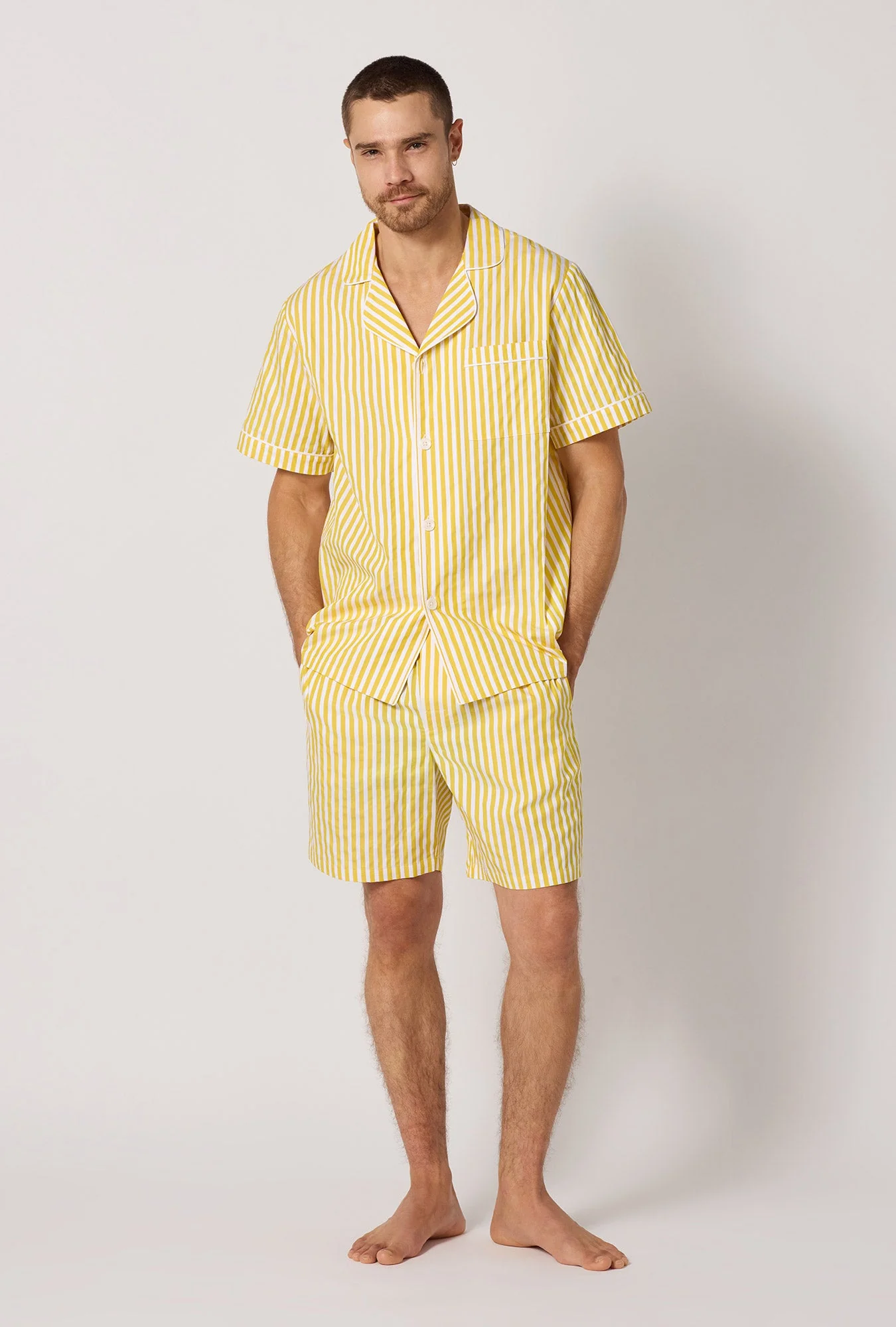 Yellow 3D Stripe Men's Short Sleeve Notch Woven Cotton Sateen Boxer Pj Set