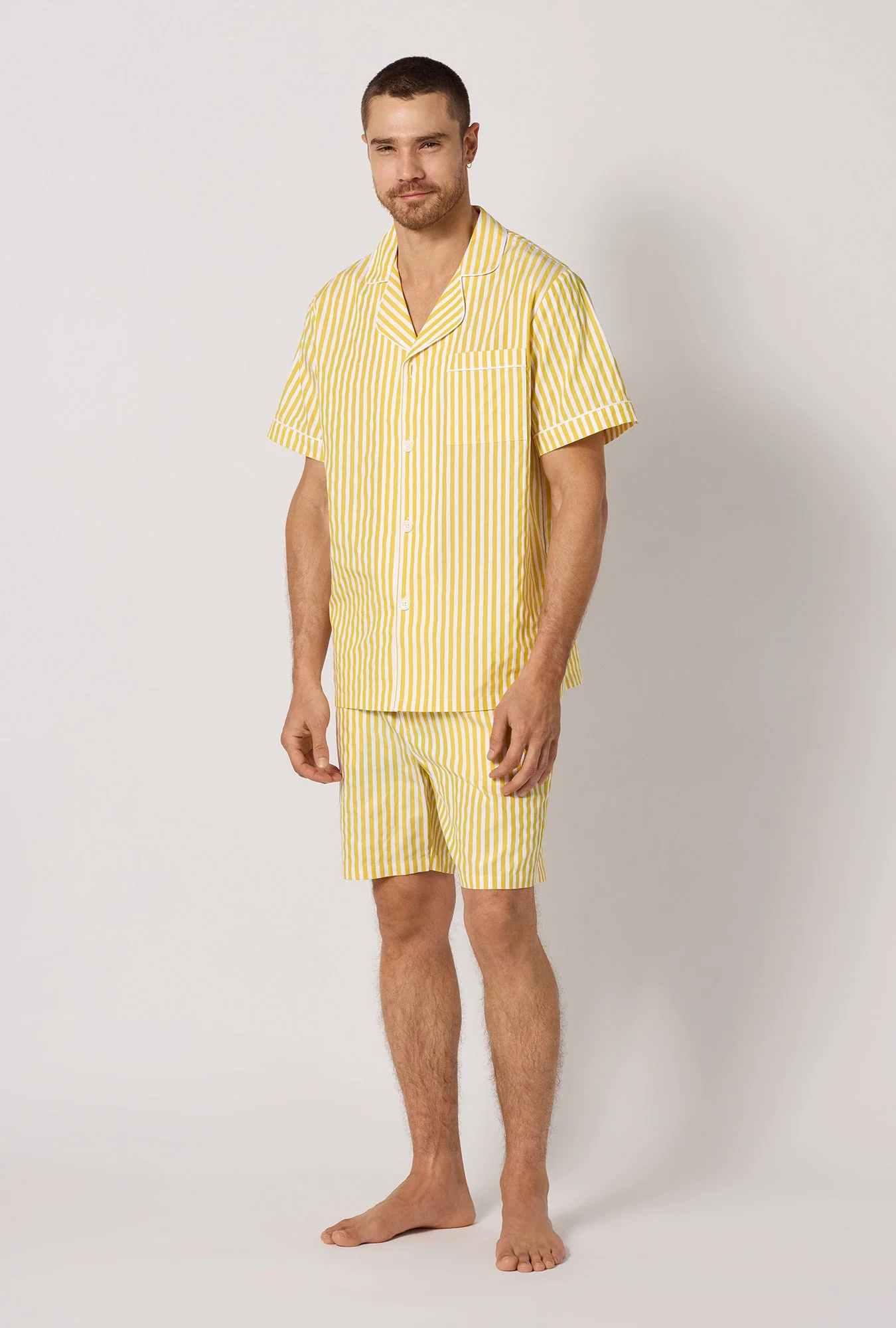Yellow 3D Stripe Men's Short Sleeve Notch Woven Cotton Sateen Boxer Pj Set - Image 2